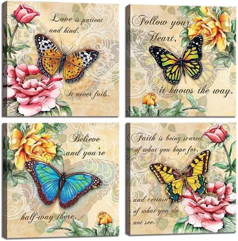 HDQ Art Inspirational Wall Art Butterflies and Flowers Theme Colorful Wall Decor Motivational Quotes Motto Canvas Print Picture for Women Gifts Office Living Room Framed Ready to Hang(12x12inchx4)