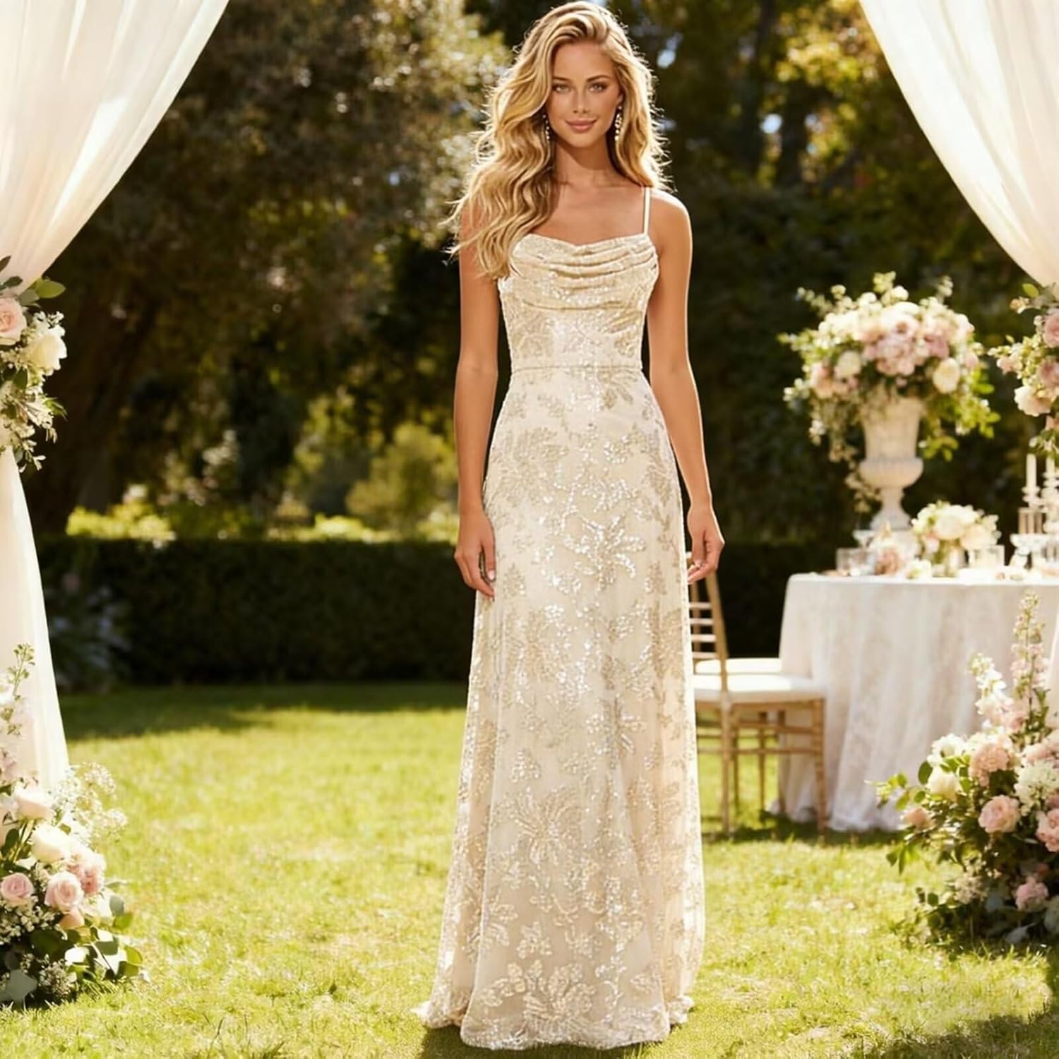 GRILSONTOP 2026 Sequin Prom Dresses for Teens Cowl Neck Formal Evening Gown Spaghetti Strap Wedding Guest Dress