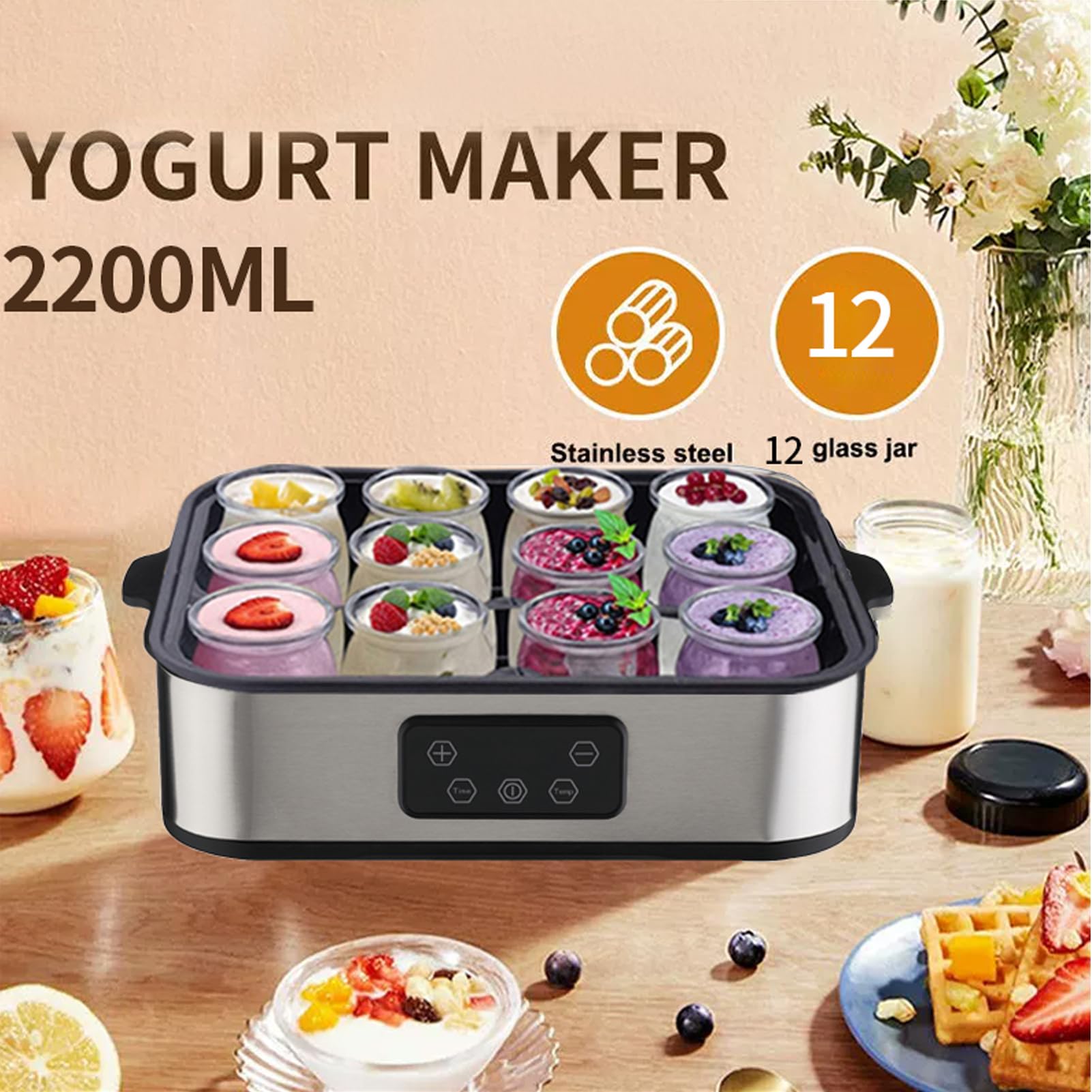 Ekspres do jogurtu z 12 szklanymi słoikami, regulacja temperatury i czasu, wyświetlacz LCD, do jogurtu, wina ryżowego, natto