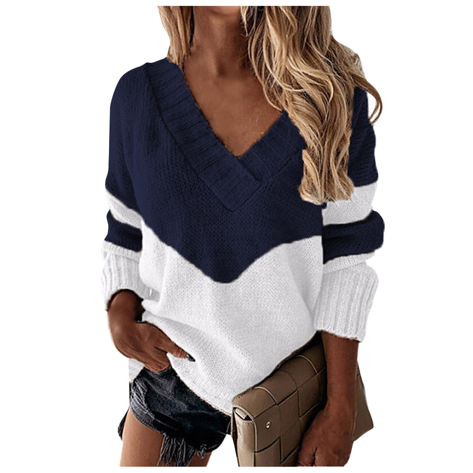 GenericSweaters for Women Long Sleeve Sweatshirts Cotton V Neck Tunic Striped Stitching Tops Clothing Lightweight Loungewear
