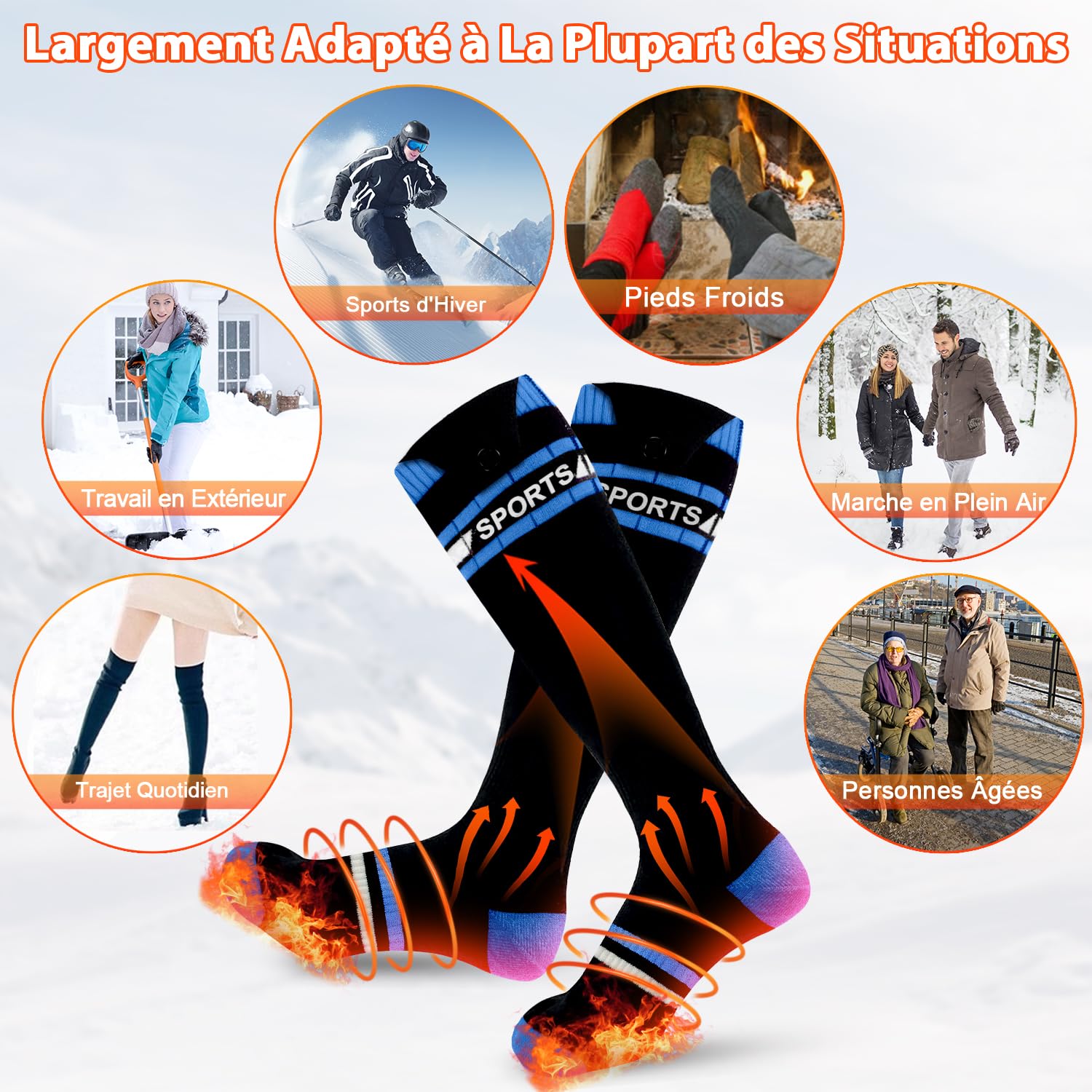 Chaussettes Chauffantes Rechargeables 8000mAh avec Télécommande APP, Chauffage 360° pour Ski Camping Cyclisme, Noir/Bleu