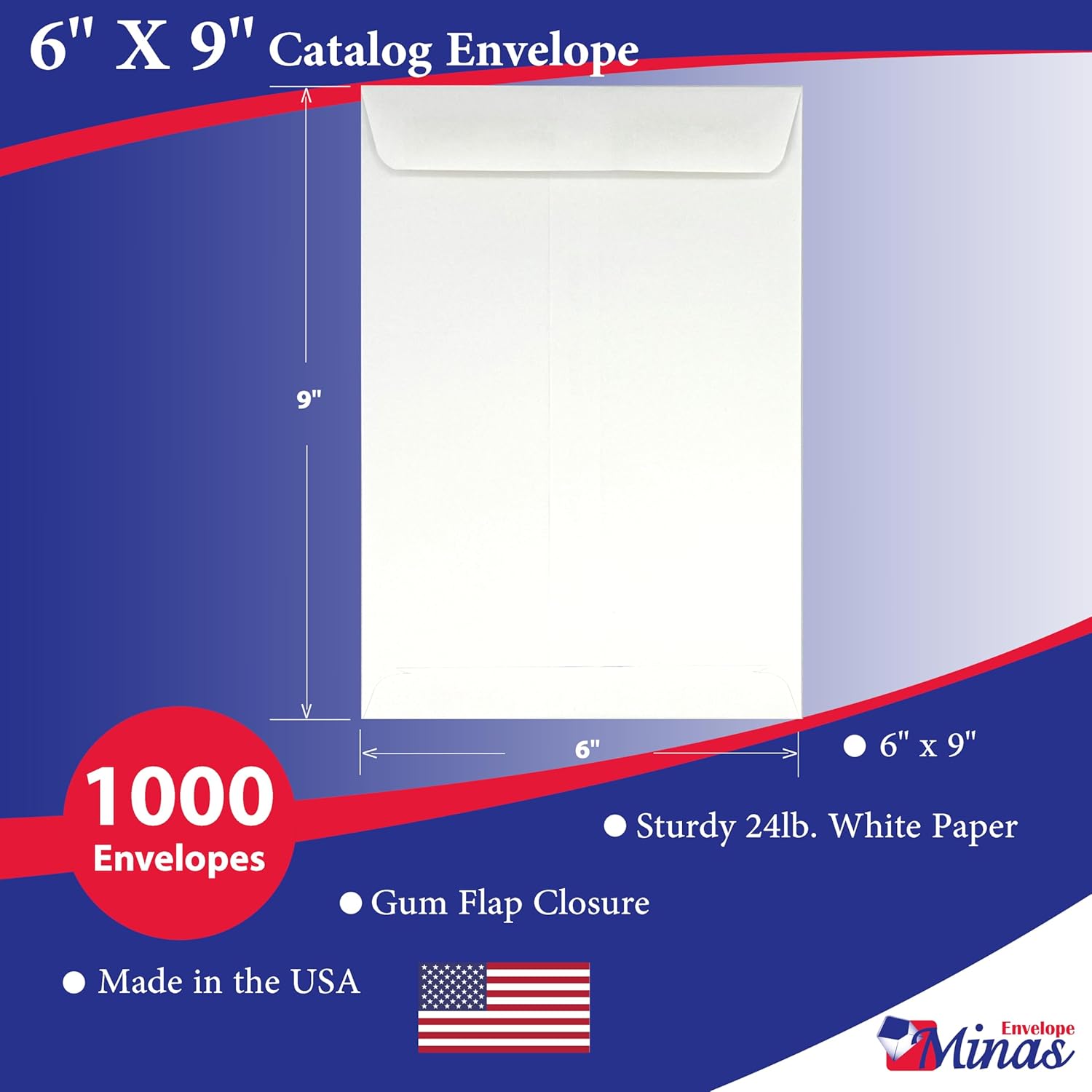 1000 Minas Envelope - 6x9 Catalog Envelopes, Open End with Gummed Seal, 24lb White Paper, for Catalogs, Presentations and Newsletters, 1000 Count