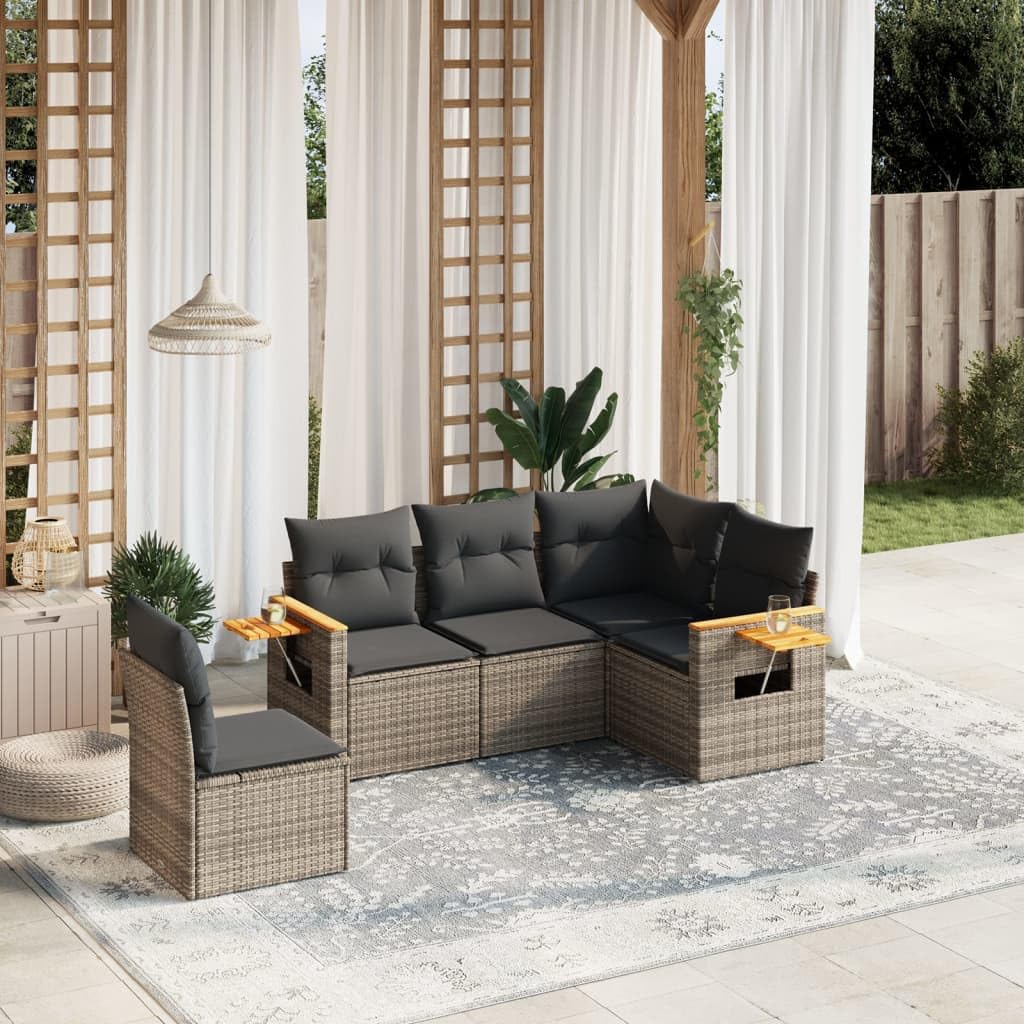 Salon de jardin 5 pcs avec coussins gris résine tressée modulable canapé d angle extérieur avec rangement imperméable table rabattable et assise confortable pour patio terrasse et arrière cour
