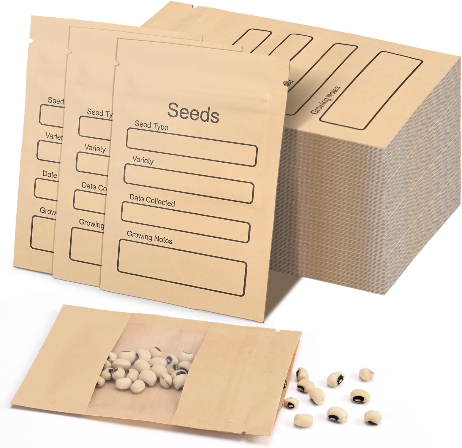 100 Pack Small Resealable Seed Envelopes with Clear Window, 3.15 x 4.72 Inch Brown Kraft Paper Seed Packets Envelopes with Preprinted Seed Collecting Template for Seed Storage, Seed Organizer