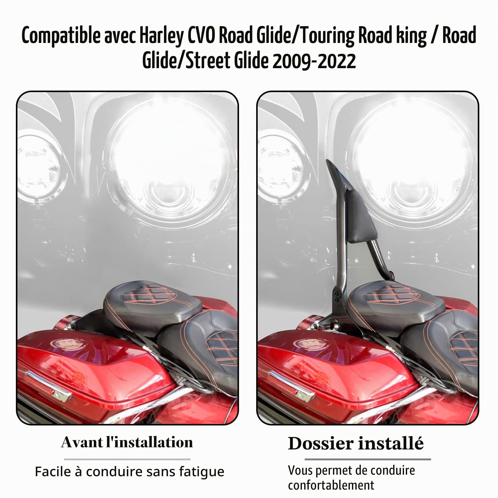 Dossier arrière de moto détachable avec dossier passager pour Harley Touring Road King Street Glide Electra Glide Road Glide FLHR FLHX FLHT FLTR 2009-2023 Noir 40,6 cm