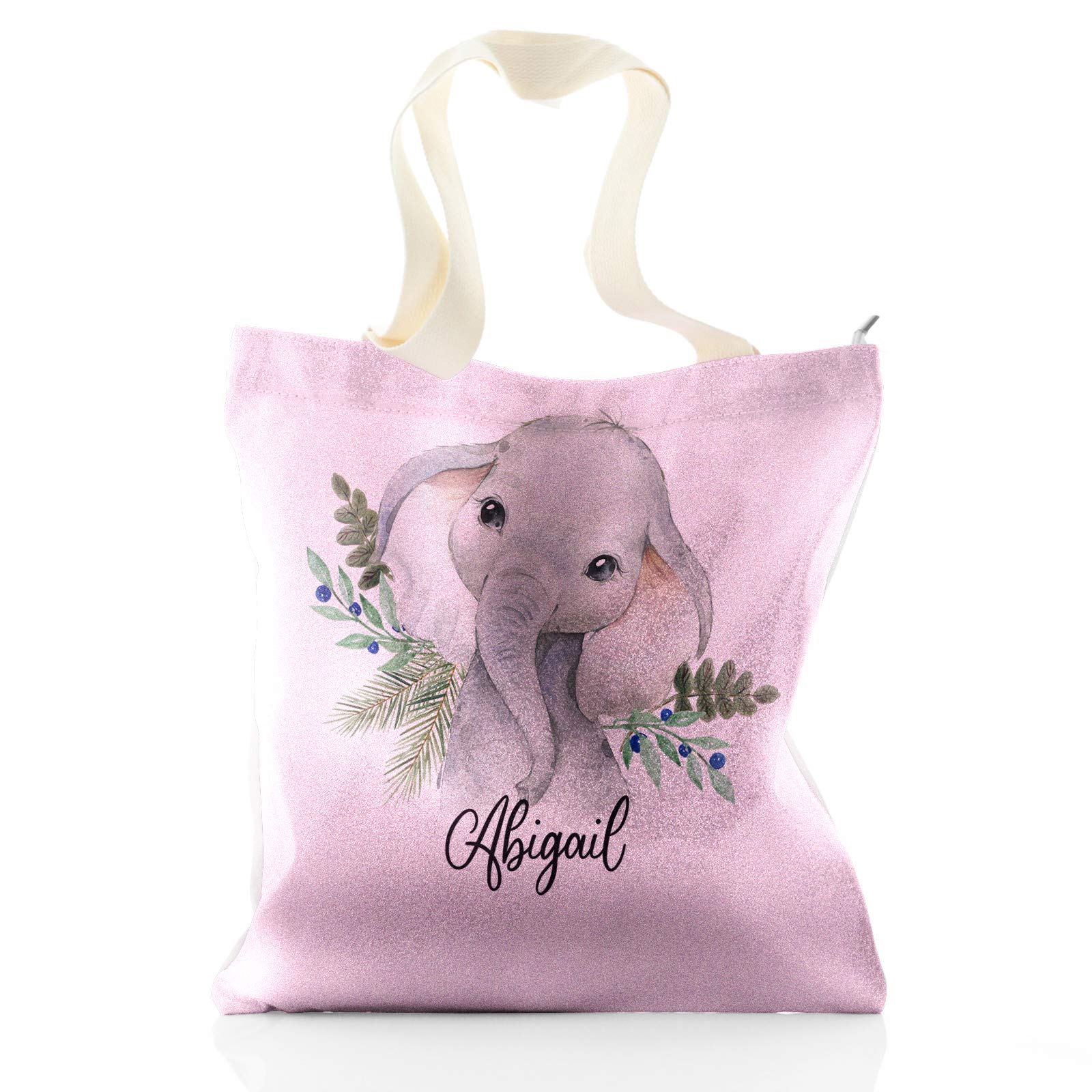 Hairyworm Personalised Tote Bag, Pink Glitter Bag Customised with Initial/Name/Text, Elephant Blue Berry Design, Gift bag, Shopping Bag, Size: (37cm x 34cm)