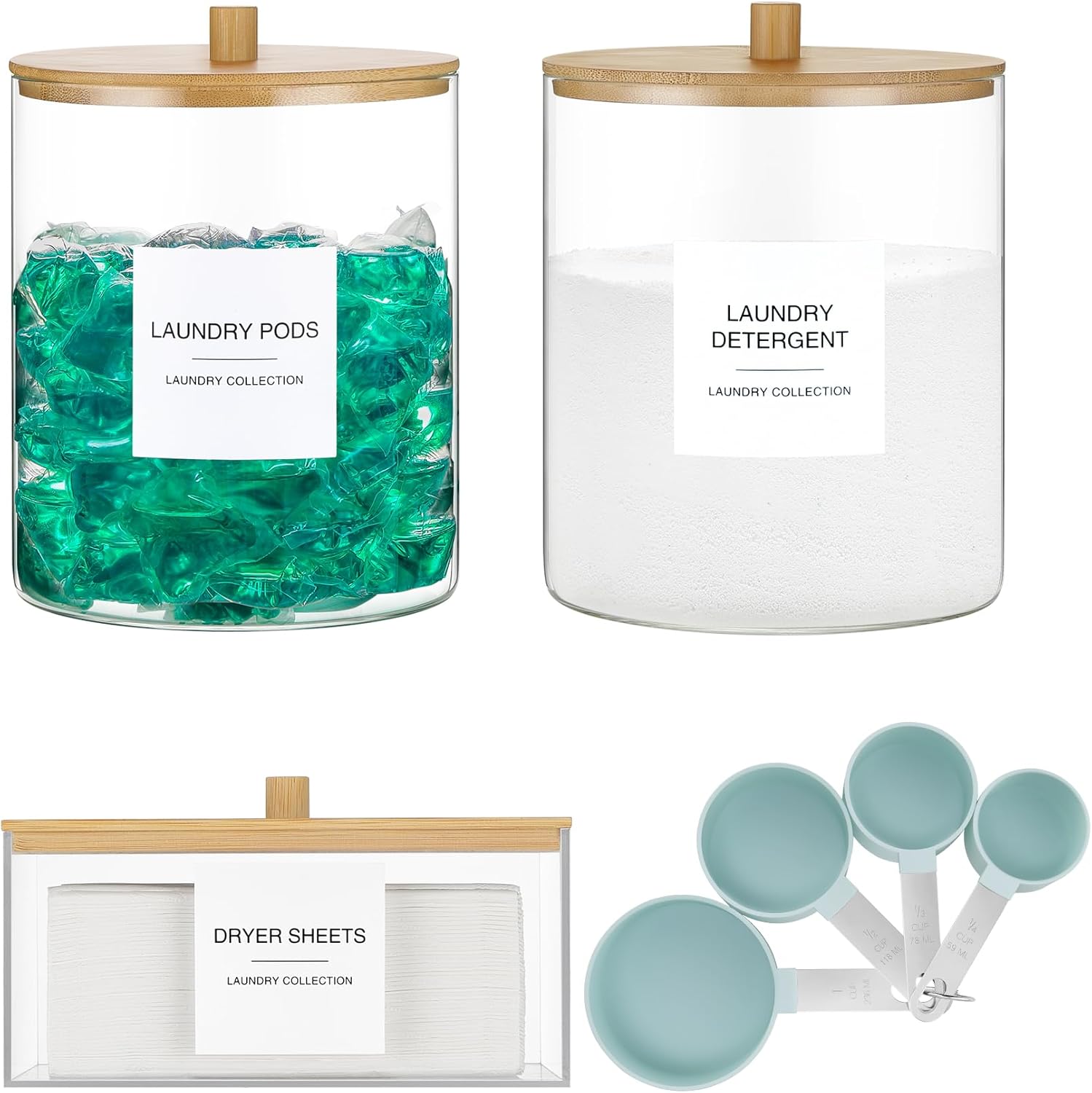 3 Pack Glass Jars and Acrylic Dryer Sheet Holder, Laundry Pods Container with Bamboo Lid and Measuring Cups for Laundry Room Organization, Powder Detergent Containers