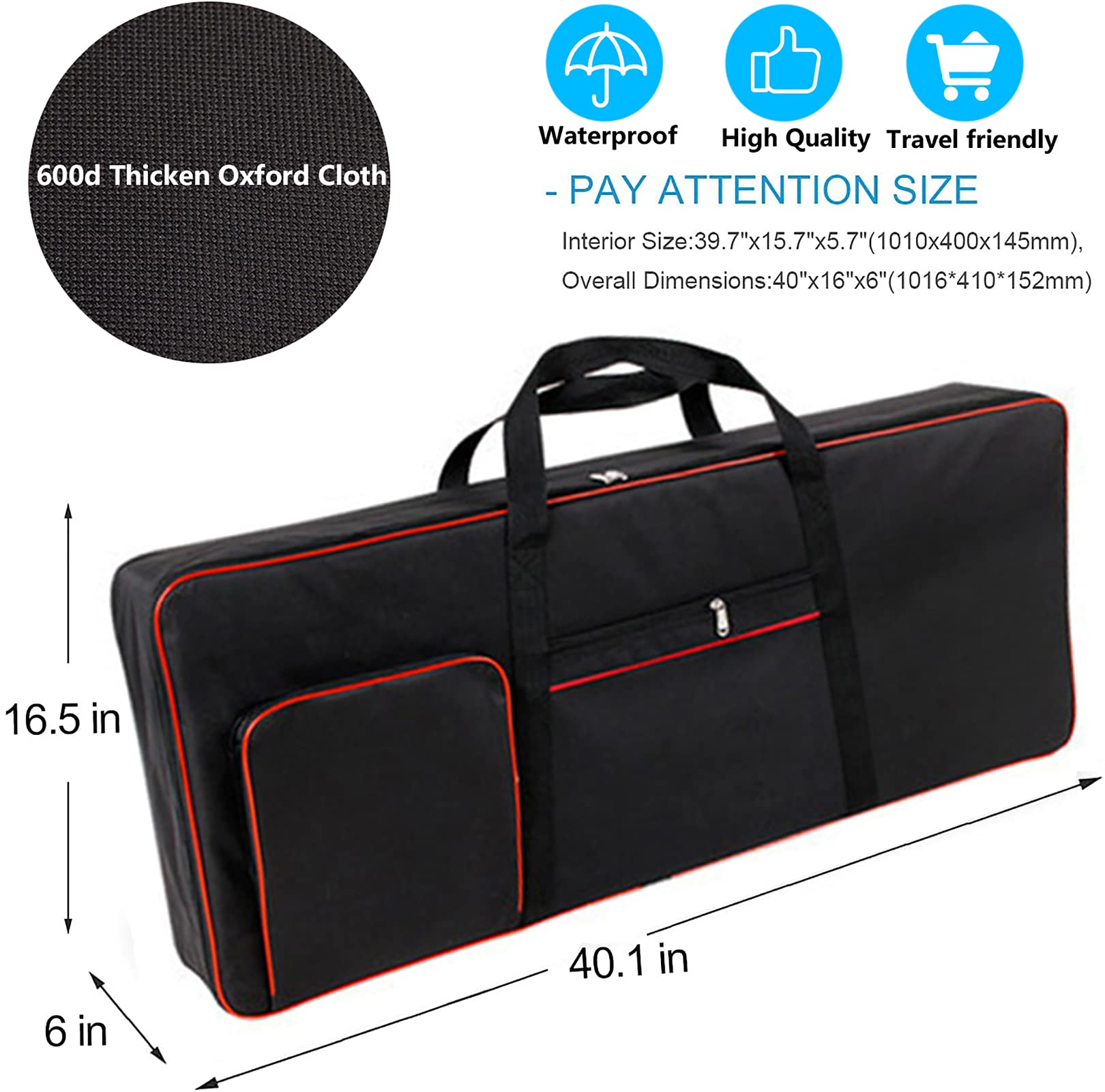 Vilihkc Custodia per tastiera a 61 tasti, portatile, resistente, impermeabile, tessuto Oxford 600D, con custodia imbottita in cotone da 10 mm, 101,6 x 40,6 x 15,2 cm, Nero
