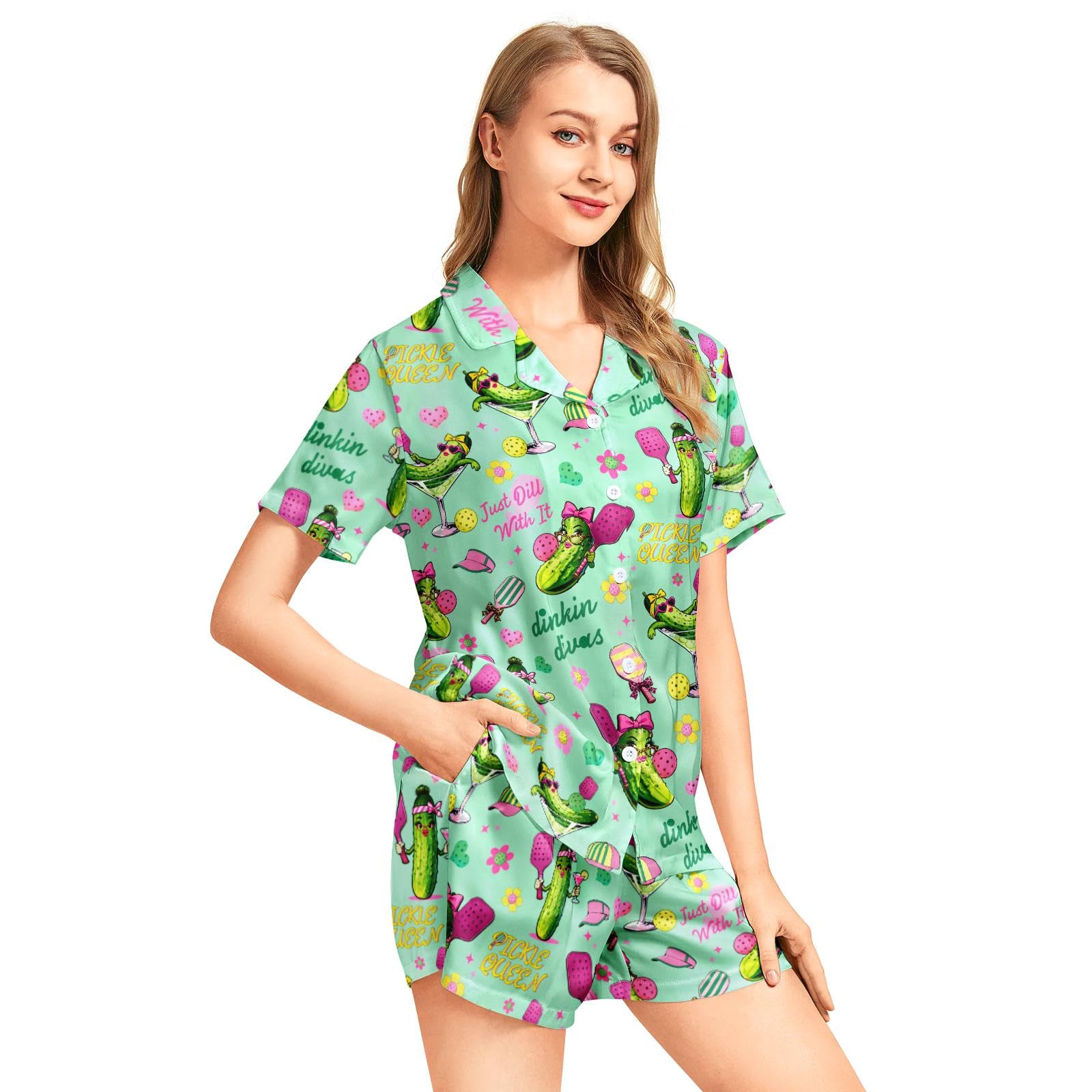 Funny Pajamas for Women Set Print Satin Loungewear Pjs Short Sleeve Button Down Top and Shorts Sets Sleepwear XS-3XL