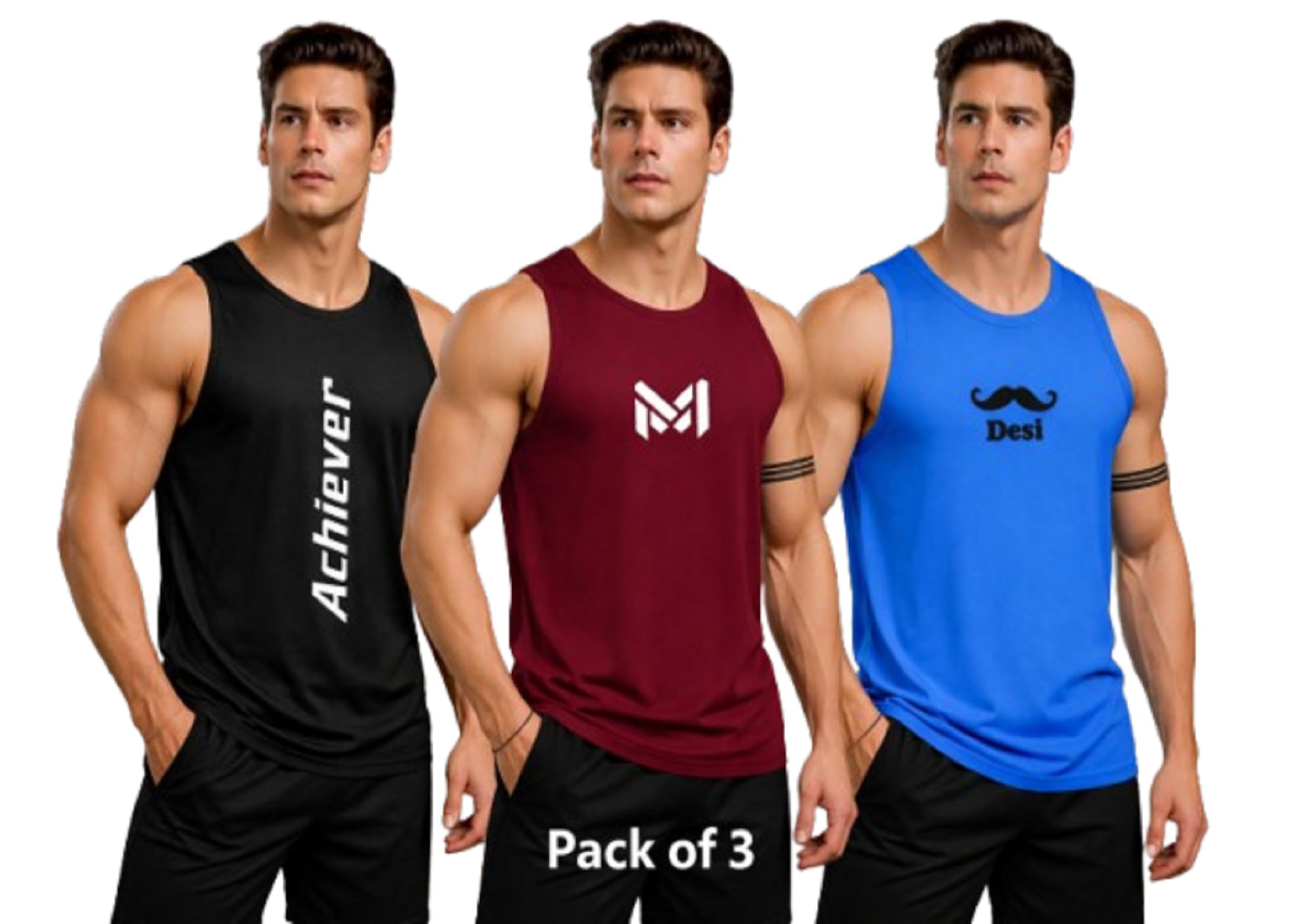 Pack of 3, Men's Sleeveless Workout Gym Vest Tank Top, Athletic Muscle Gym Sando, Lightweight Breathable Fitness Training Vest for Bodybuilding, Running and Sports