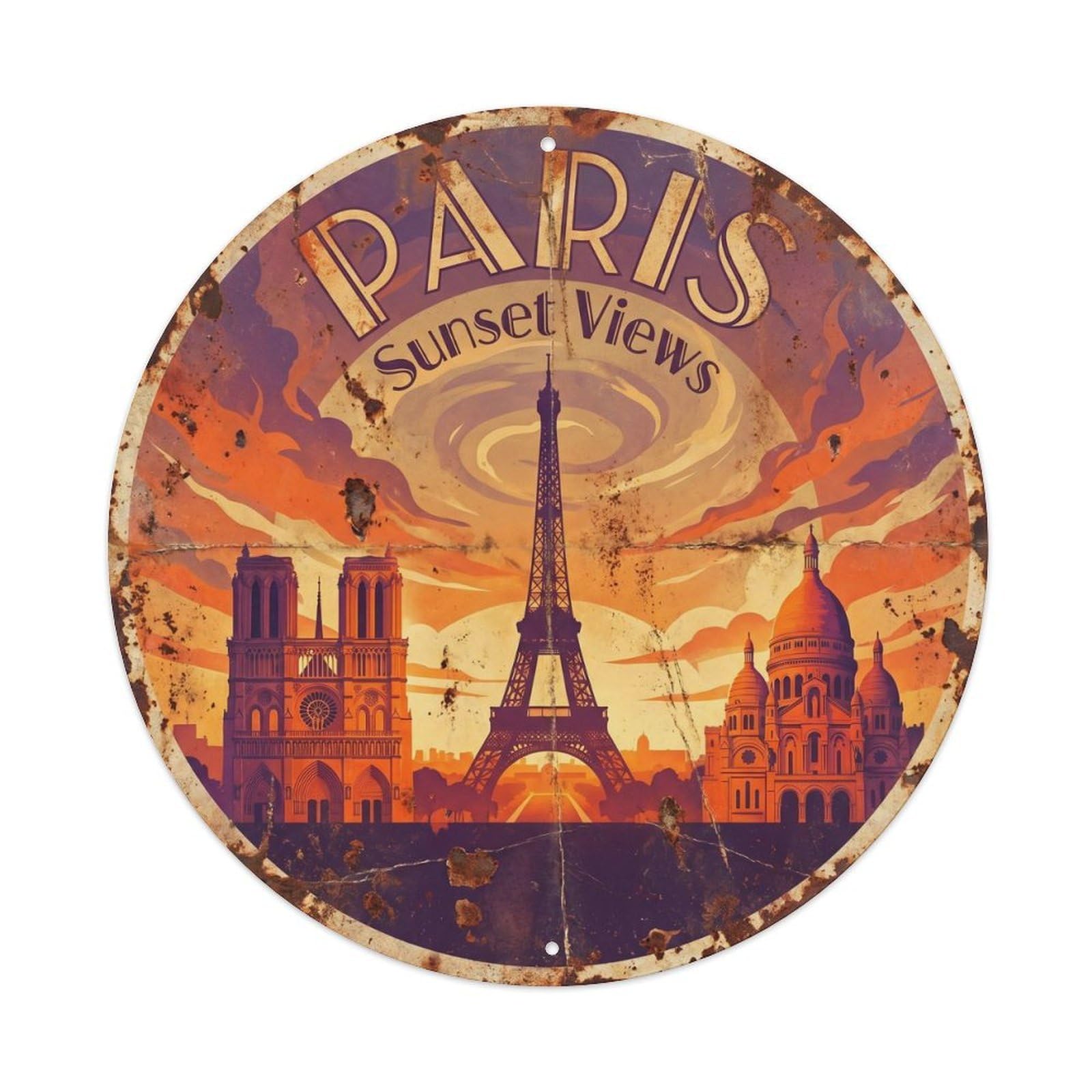 Vintage Travel Parisian Sunset Skyline Metal Tin Sign Plaque