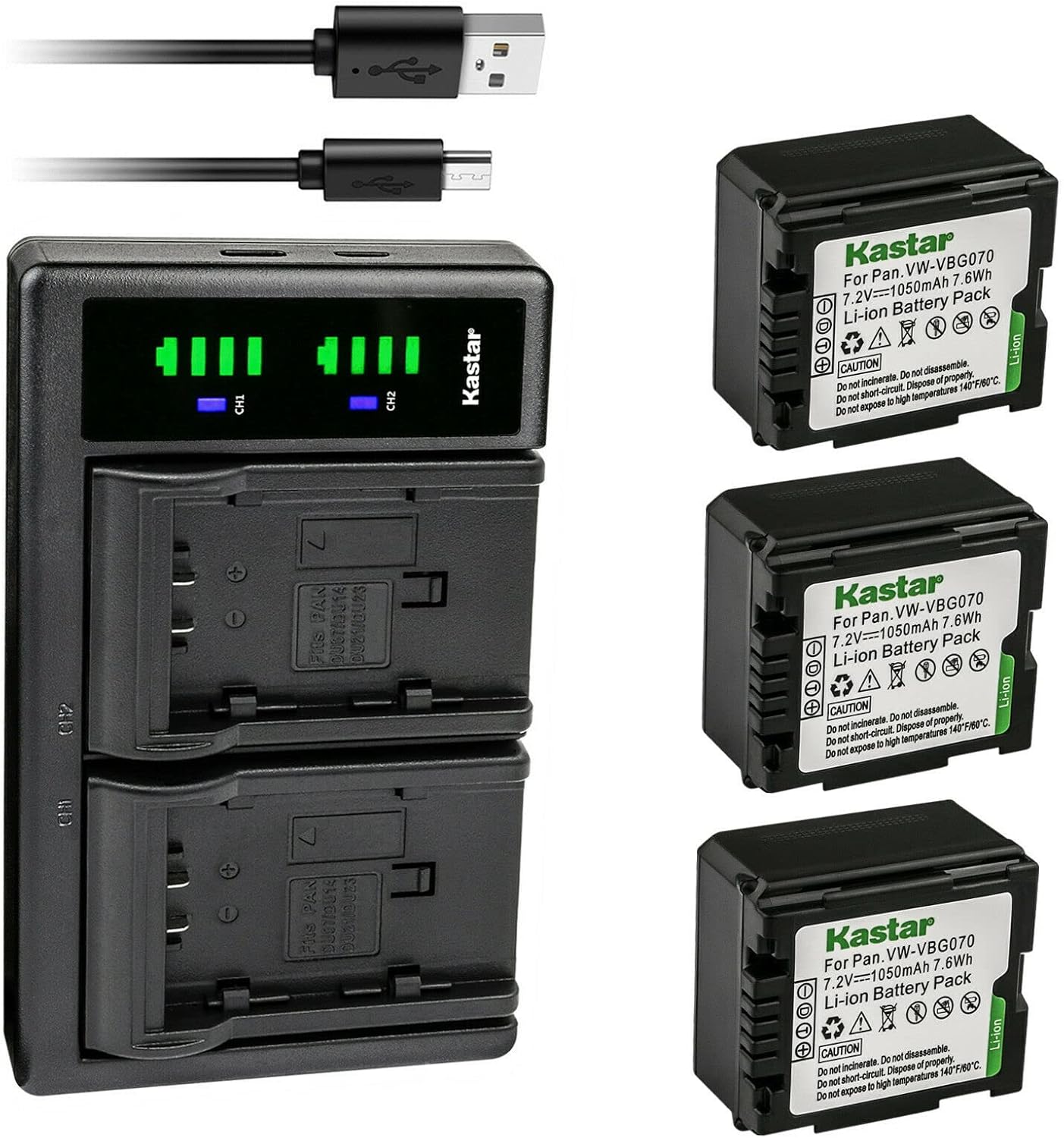Kastar 3-Pack VW-VBG070 Battery and LTD2 USB Charger Replacement for Panasonic VW-VBG070A, VW-VBG070-K, VW-VBG070PPK, VW-VBG130, VW-VBG130-K, VW-VBG130PPK, VW-VBG260, VW-VBG260-K, VW-VBG260PPK