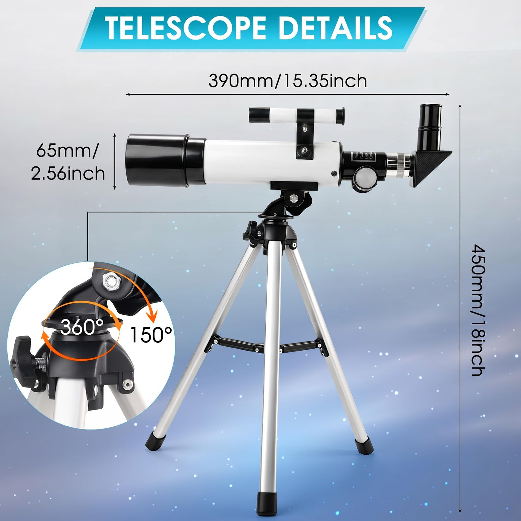 Telescopio per Bambini 360/50mm con Cercatore Refrattori Telescopi (Bianco)