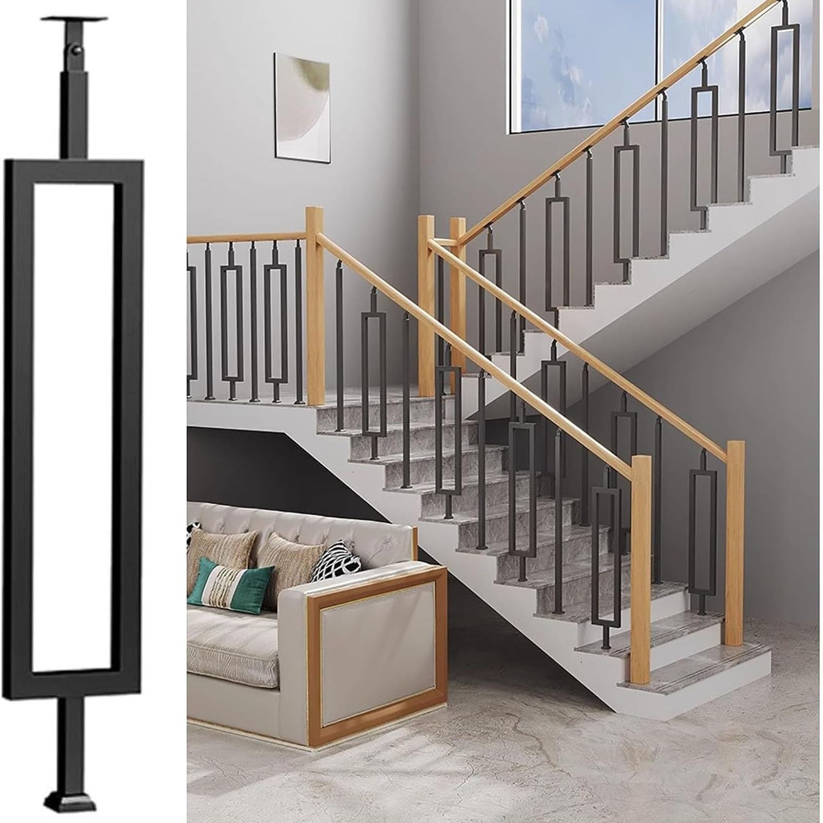 Adjustable Black Stair Railing Post - Non-Slip Safety il Balusters for Steps, Staircase Guardrails, Rectangular Balusters, Hallway Support Rods