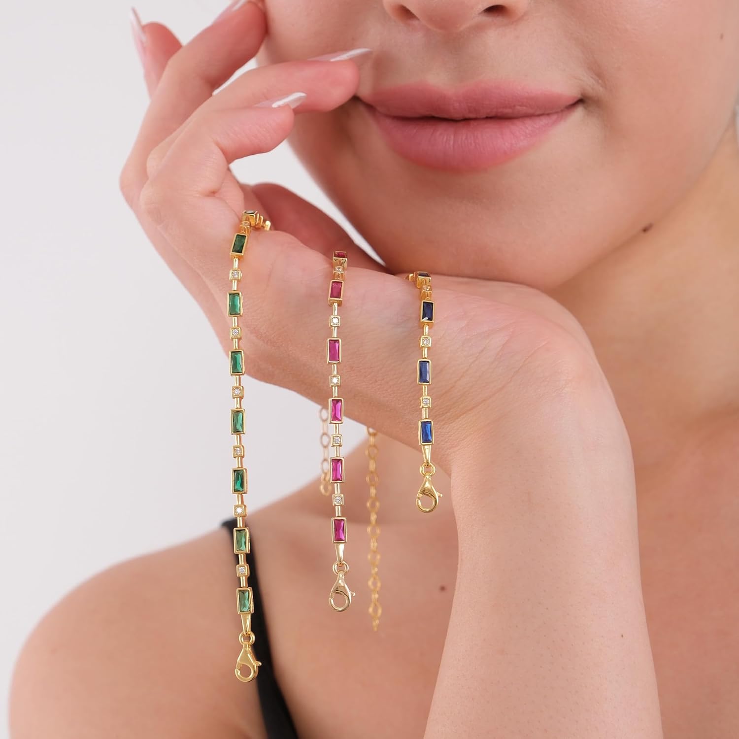 18K Gold Vermeil Emerald Colorful Tennis Bracelet, Adjustable Link Chain with CZ Accents, Dainty Birthstone Jewelry for Women