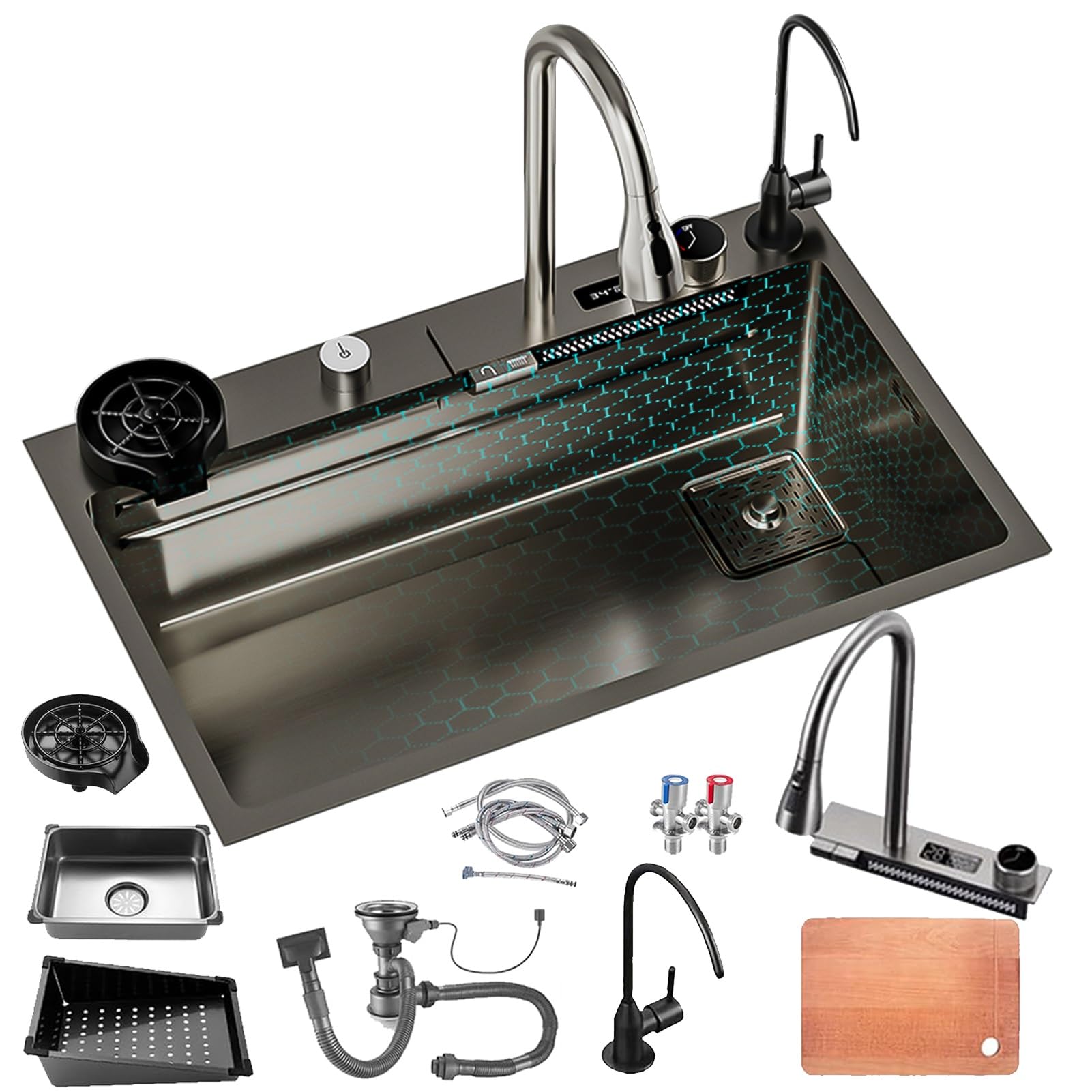 ZQFHSX Kitchen Sink Workstation - with Pull-Out Tap, Pressurized Cup Washer, and Dishwashing Accessories, Waterfall Style Stainless Steel Single Bowl (Color : Black, Size 75x45x22cm)