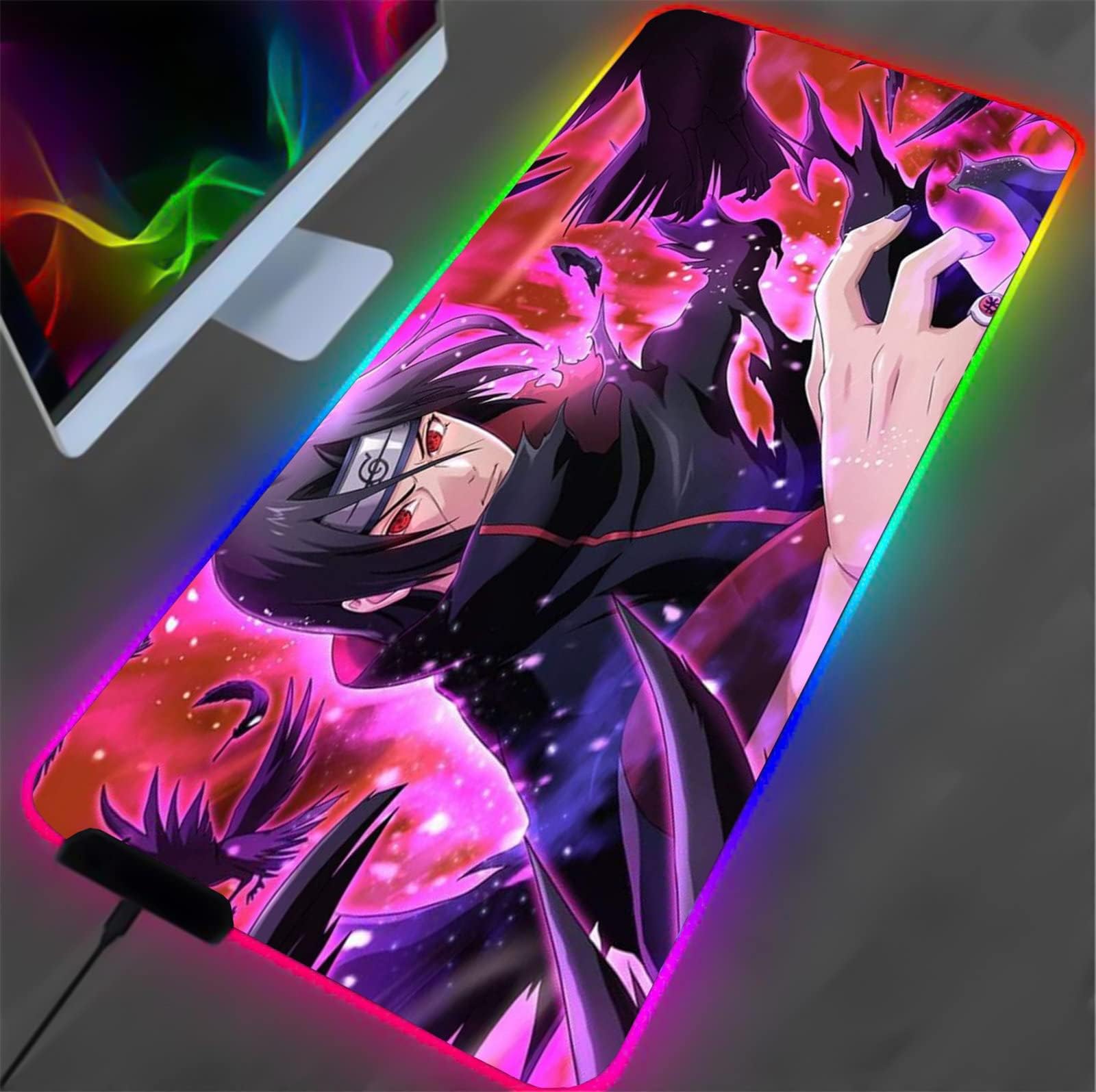 QISDVSWE Mouse Pad Anime LED Uchiha Itachi Mouse Pad 14 Lighting Modes Large Extended Glowing Keyboard Pad Non Slip Soft Oversized,800x300mm