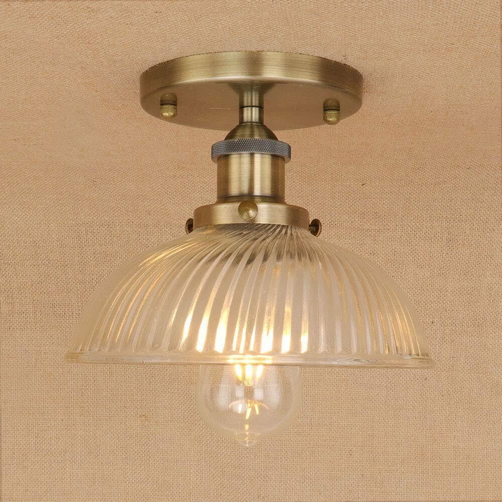 Vintage Single Head Ceiling Lights Metal Wrought Iron Ceiling Lamp Retro Industry E27 Stripe Glass Kitchen Fixtures Home Lighting (Color : Bronze)