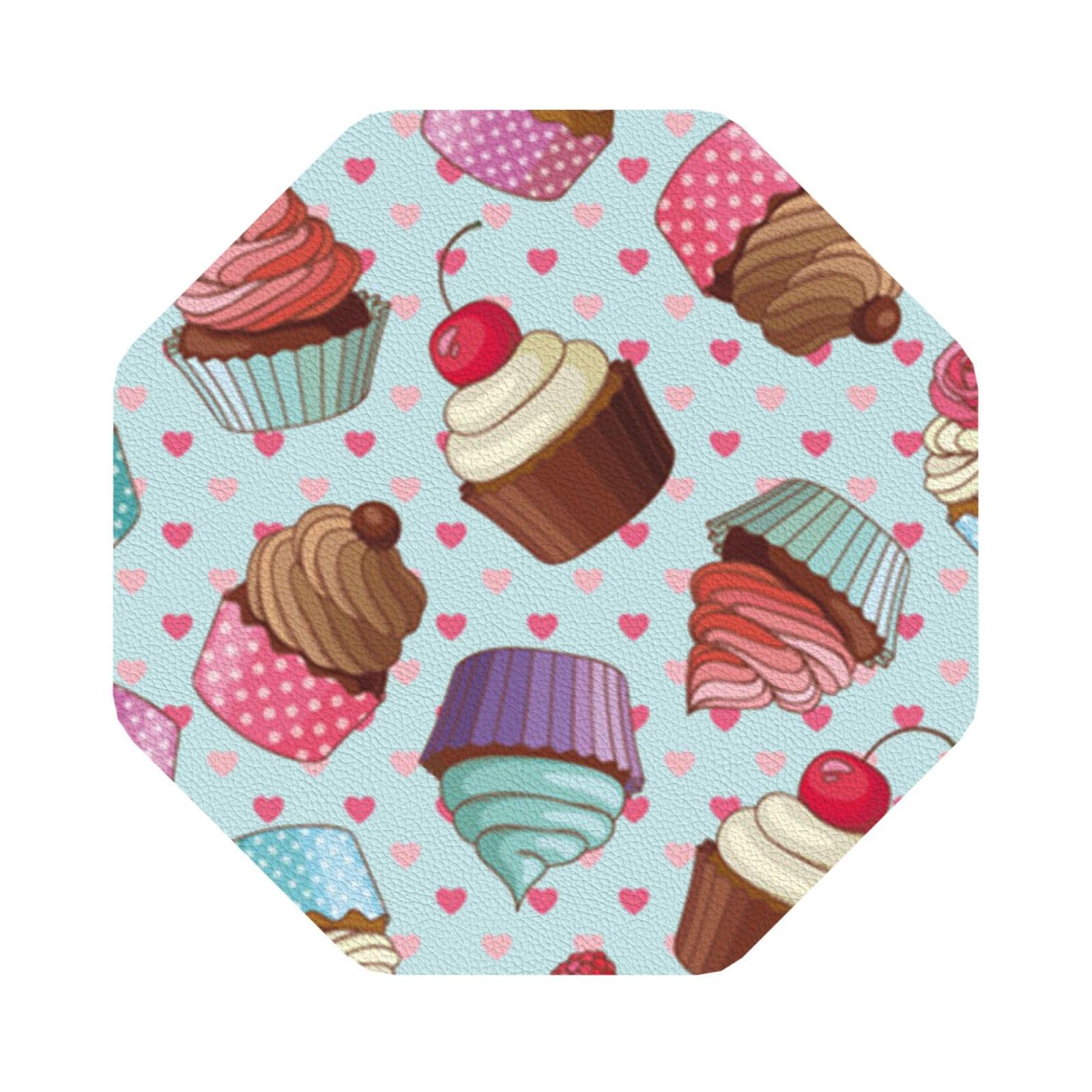 Cupcake Pattern PU Leather Coasters Set of 6 Octagon Drink Coasters