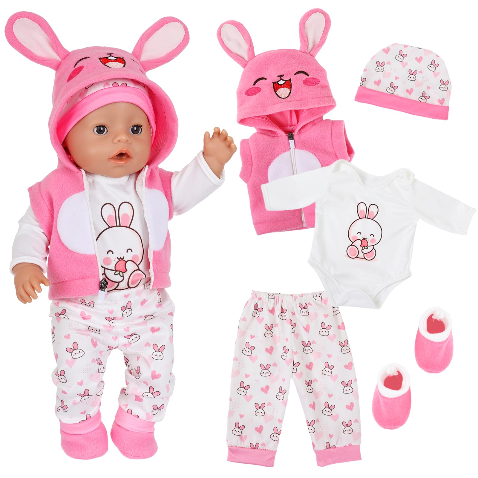 5 Pcs Baby Dolls Clothes for 14-18 Inch Doll, Cute Cartoon Doll Clothes with Jacket + Top + Pants + Socks + Rabbit Ear Hat, Sweet Bunny Doll Outfit For 35-43cm Dolls, Pretend Play Gifts for Girls Boys โ image 1