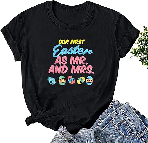 Miniatura 2 de Happy Easter Tops for Women Fashion Letter Printed Tee Funny Bunny Ears Graphic Casual Loose Short Sleeve Tees Shirts