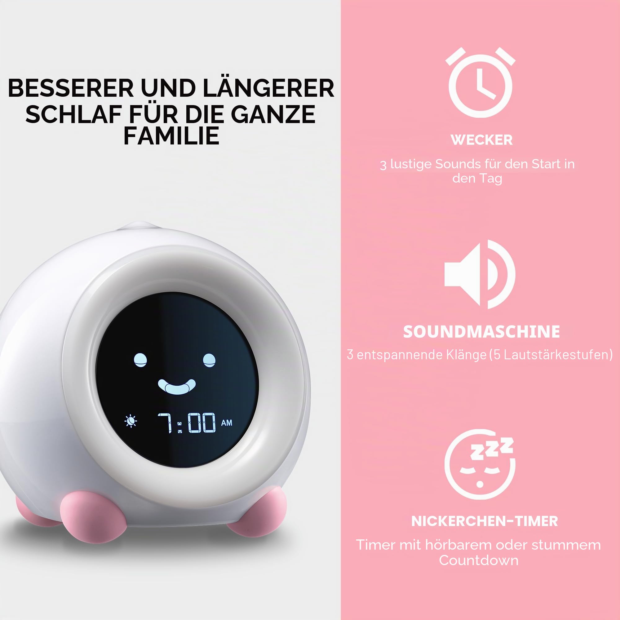 LittleHippo Mella Ready to Rise Kinder-Schlaftrainer, Nachtlicht- und Soundmaschine (Brröten Rosa)