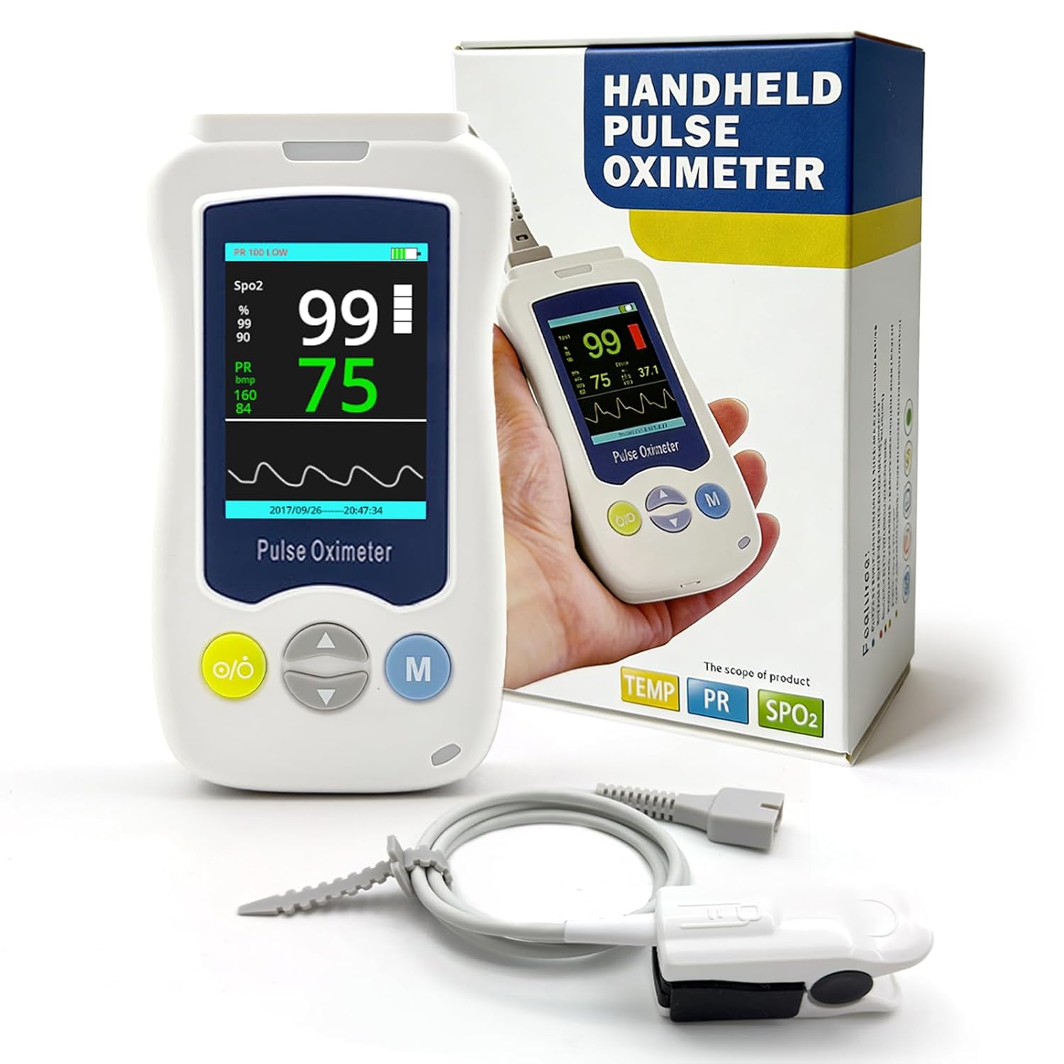 Pulse Oximeter, Continuous Pulse Oximeters Medical Grade Accuracy SpO2 Overnight Pulse Rate Monitoring 20 Hours Pulse Oximeter Handheld Blood Oxygen Saturation Monitor with 500 Data Storage