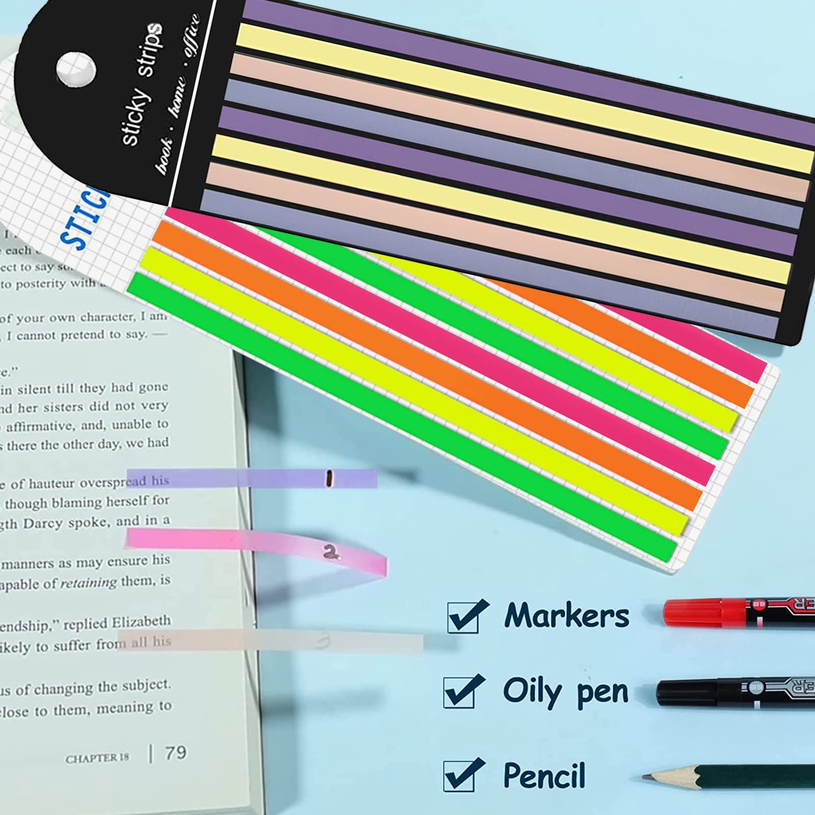 LELE LIFE 1600 Onglets Surligneurs Amovibles – Bandes Transparentes Longues Néon – Notes Repositionnables