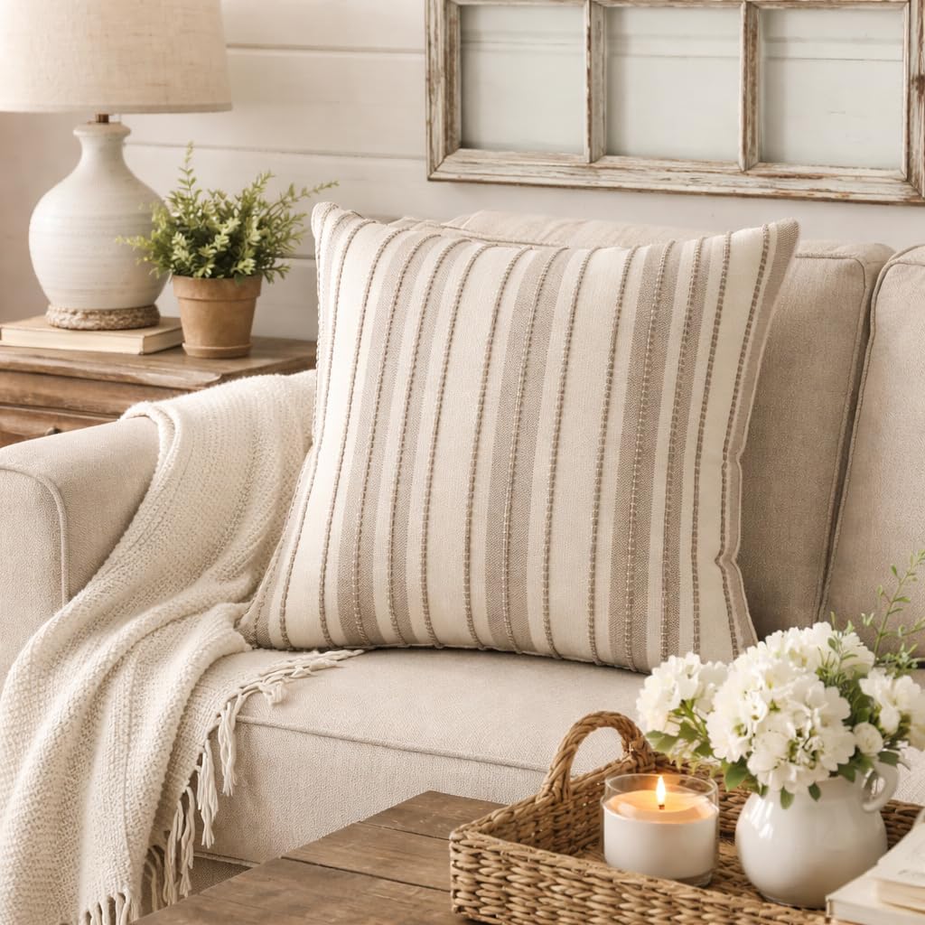 Fennco Styles Navy Blue and Cream Striped Filled Throw Pillow 18" X 18" - Textured Vertical Stripe Farmhouse Decorative Cushion for Couch, Bed, Living Room Décor, 1-Pack