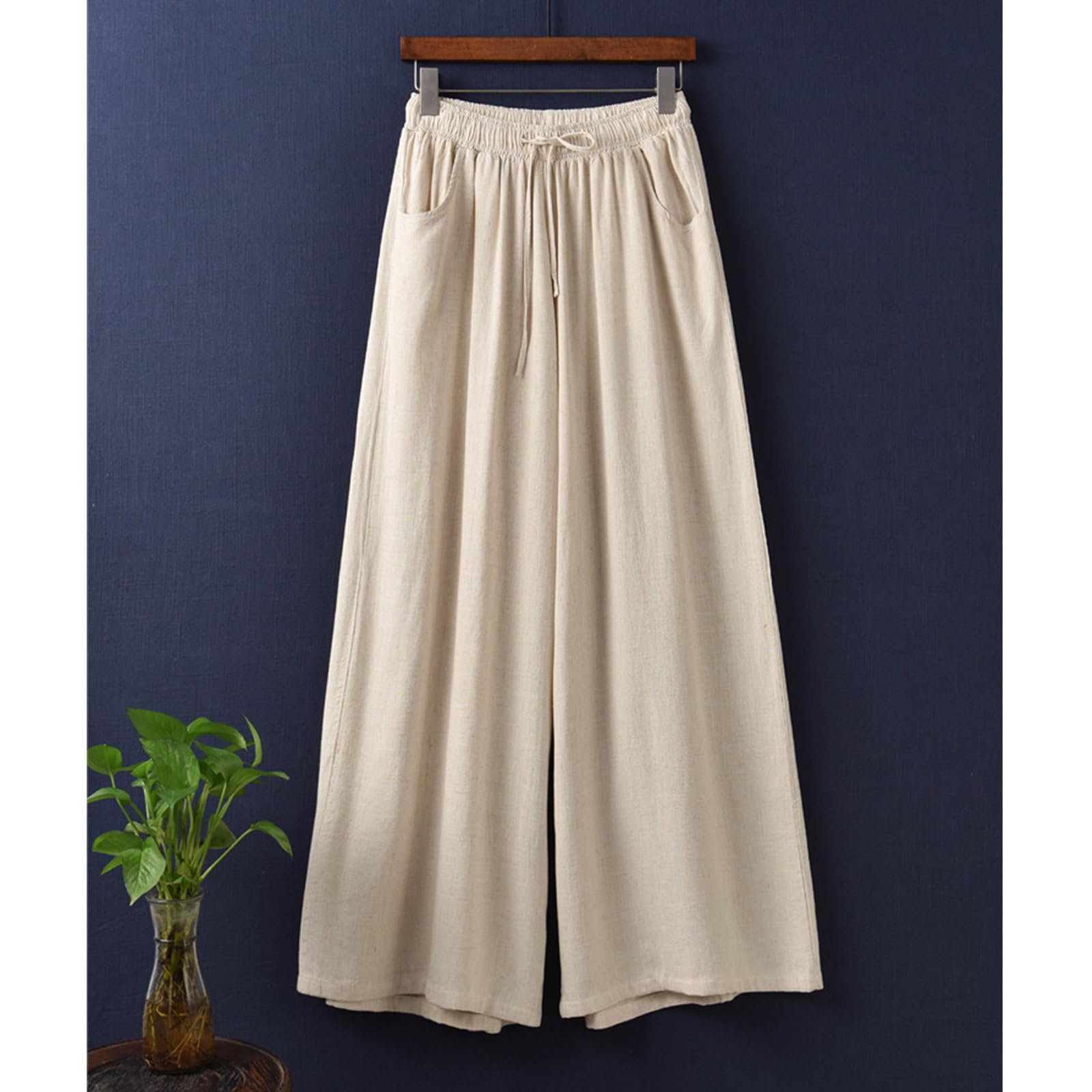 Pantalon Large pour Femme, Pantalon Palazzo Fluide en Mélange Coton-Lin avec Poches, Taille élastique à Cordon de Serrage, Style Décontracté pour la Plage