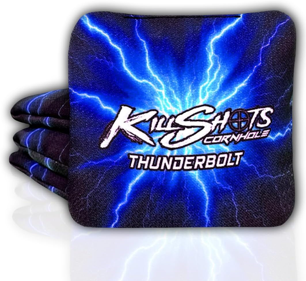 Killshots Cornhole | Thunderbolt Series | Limited Edition | Premium Cornhole Bags | Double-Sided Stick & Slide | Durable | Resin Filled | Regulation 6x6, 16oz | Set of 4