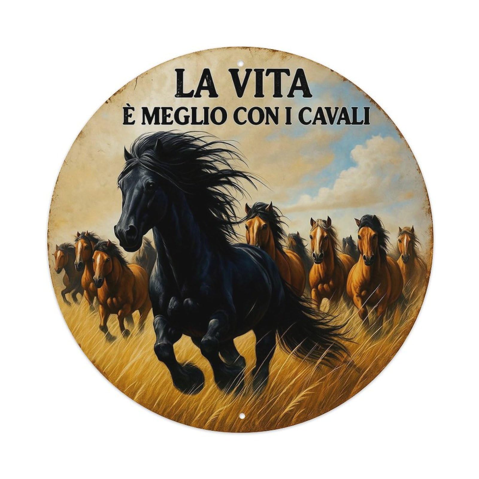 Running Horses Field Sky Freedom Round Metal Tin Sign Vintage Wall Decor, Bar Garage Cafe Kitchen Home Wall Art Poster 8x8inches