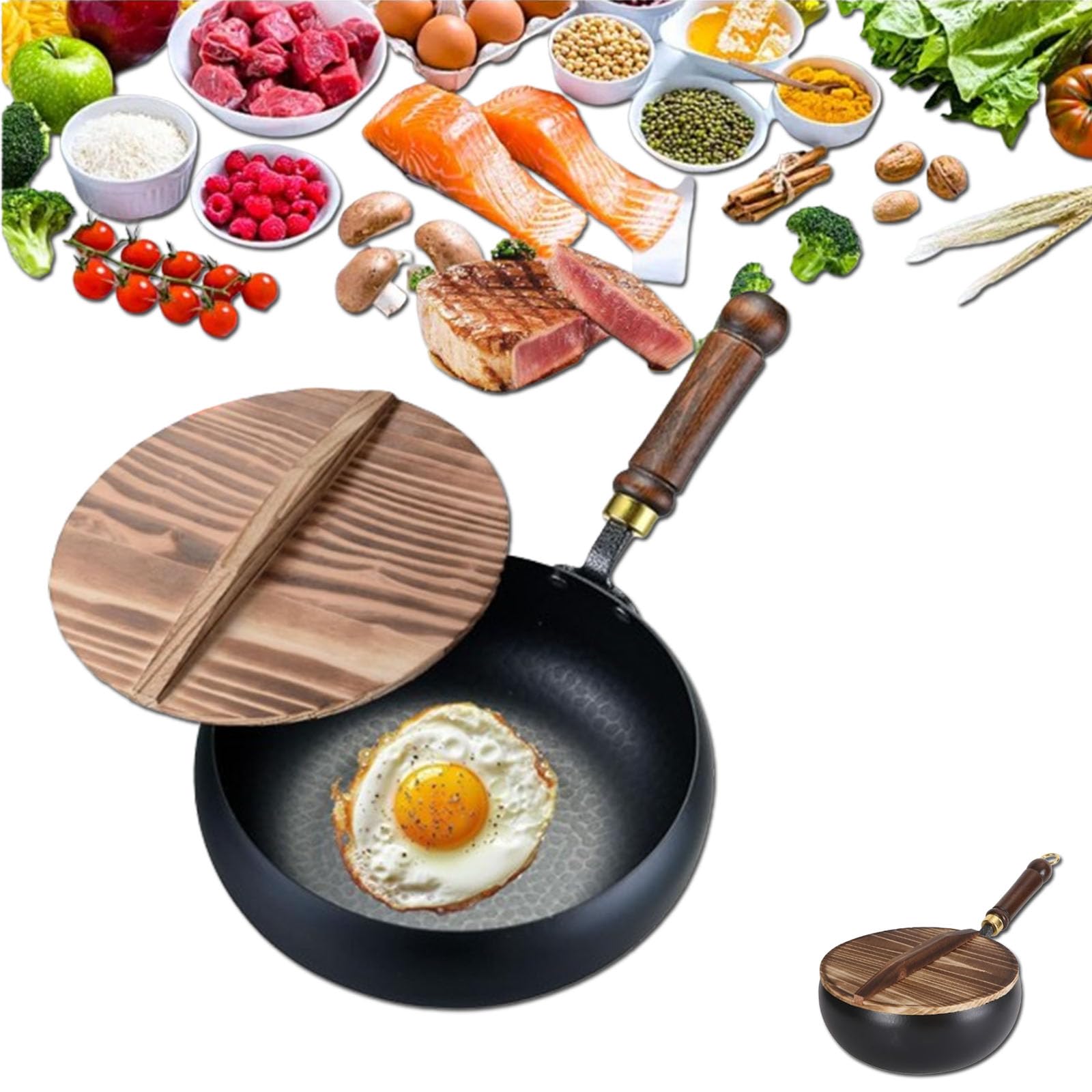 Padella in ferro non rivestita, padella in Sartén de hierro sin revestimiento, sartén japonesa Suntuup, wok de fondo redondo con tapa, wok pequeño de fondo plano sin revestimiento (26cm)
