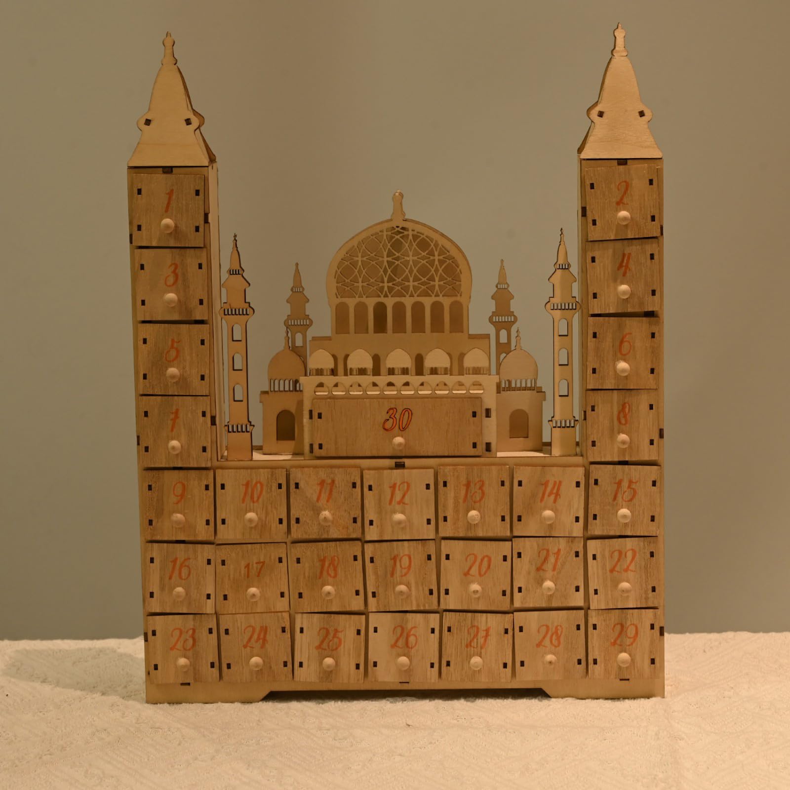 Calendario per conto alla rovescia dei castelli del Ramadan, con luce a LED e 30 cassetti, decorazioni per l'avvento in legno per feste islamiche