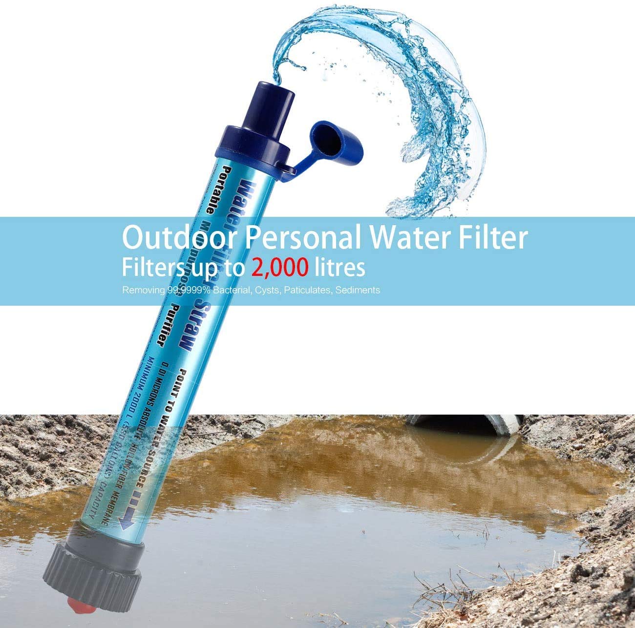 Filtre d'eau personnelle 2000L Purification de l'eau Portable Paille de Survie en Plein air Kit de Filtration de l'eau Camping Water Filtres 0,01 Micron Urgence pour