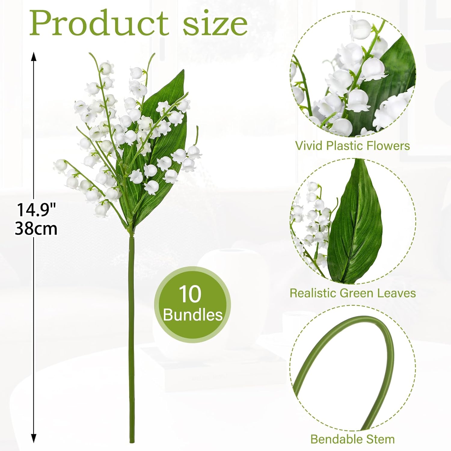 10 Bundles Artificial Lily of The Valley White Faux Flowers, 15" Lily of The Valley Silk Flowers Fake Flower Arrangements for Table Centerpieces, Wedding Bouquets, Home Decorations, Gifts for Mom