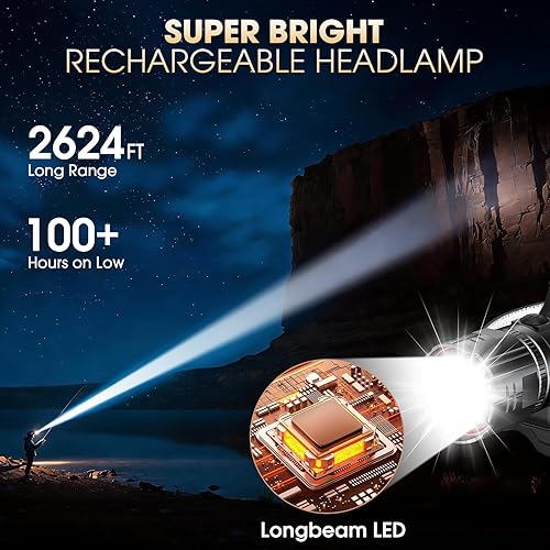 Miniatura 2 de Linterna frontal recargable súper brillante, paquete de 2 lámparas LED de alto lúmenes con sensor de movimiento, 5 modos de luz frontal con zoom