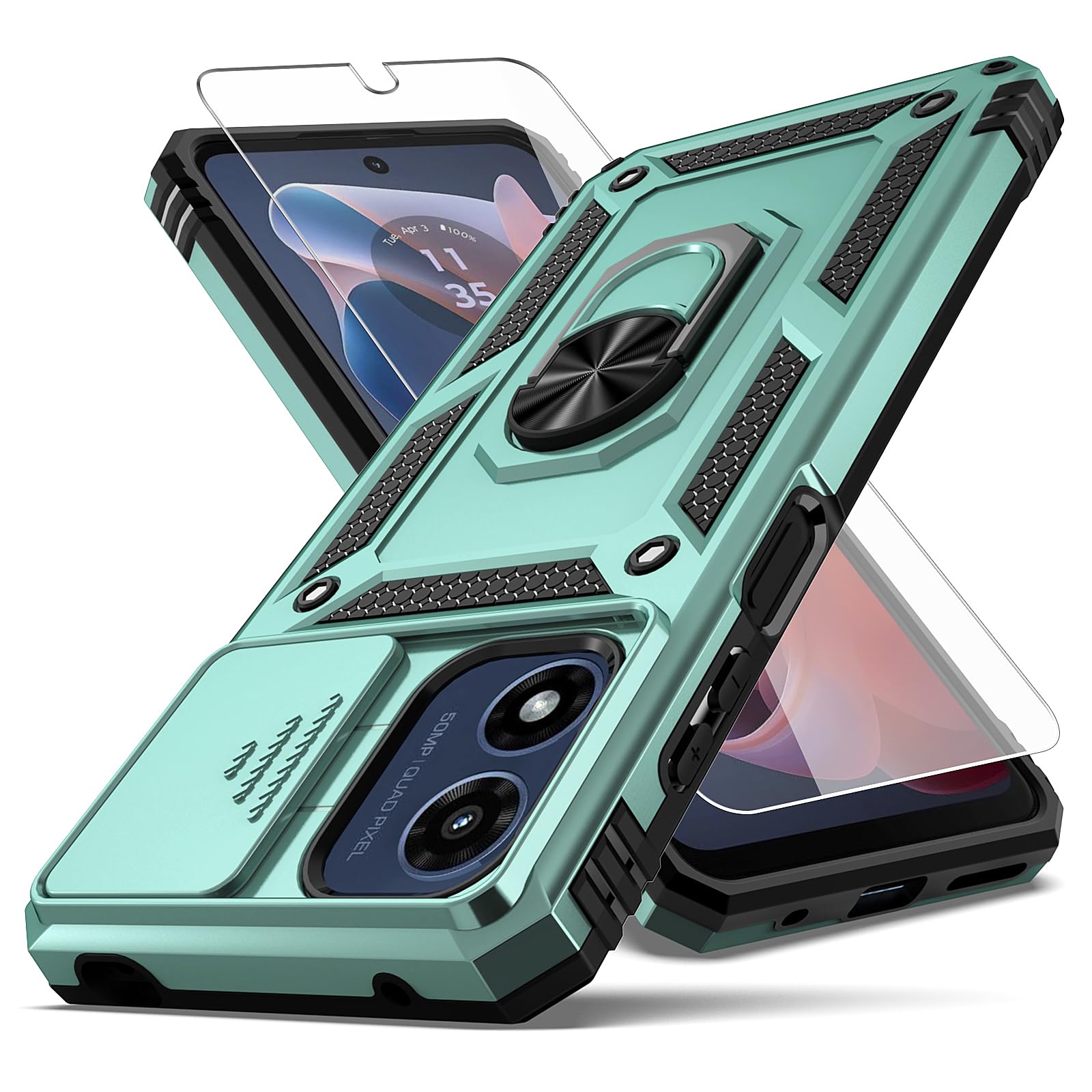 for Moto G Play 2024 Case,with Camera Lens Cover HD Screen Protector,[Military Grade] Ring Car Mount Kickstand Hybrid Hard PC Soft TPU Shockproof