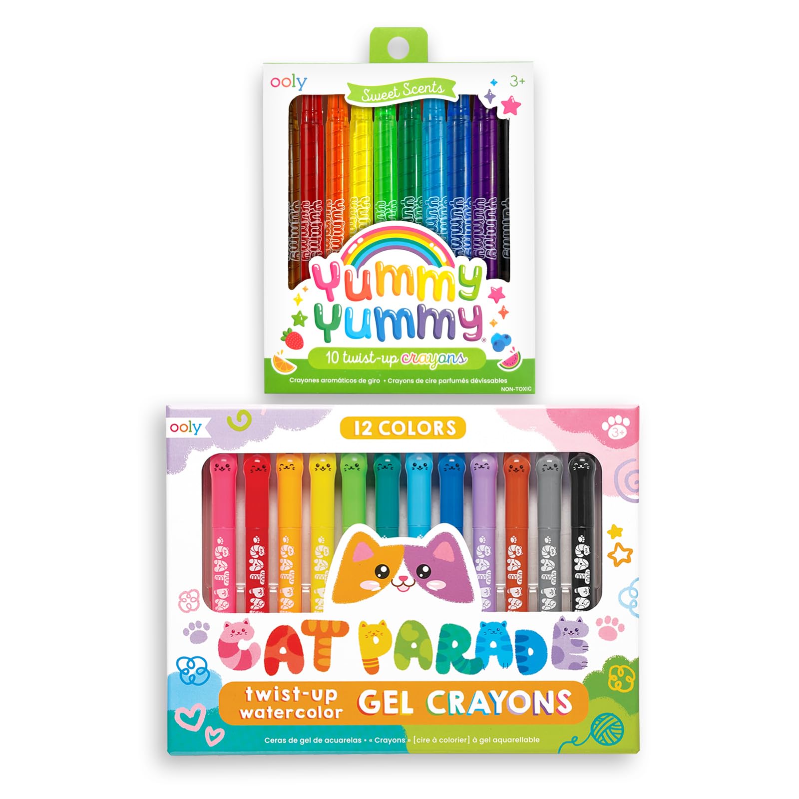 Ooly Cat Parade Gel Crayons for Kids and Adults - Set of 12 & Yummy Yummy Twist Up Scented Crayons, Set of 10 with Fruit Scents