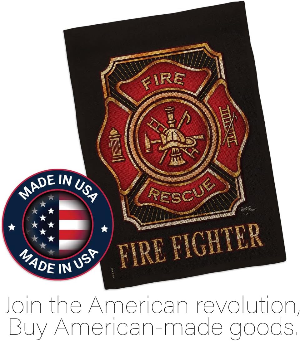 Fire Fighter Burlap Garden Flag - Set Wall Holder Armed Forces Firefrighter Fireman Department Rescue Red Line Hero Support - House Banner Small Yard Gift Double-Sided Made in USA 13 X 18.5