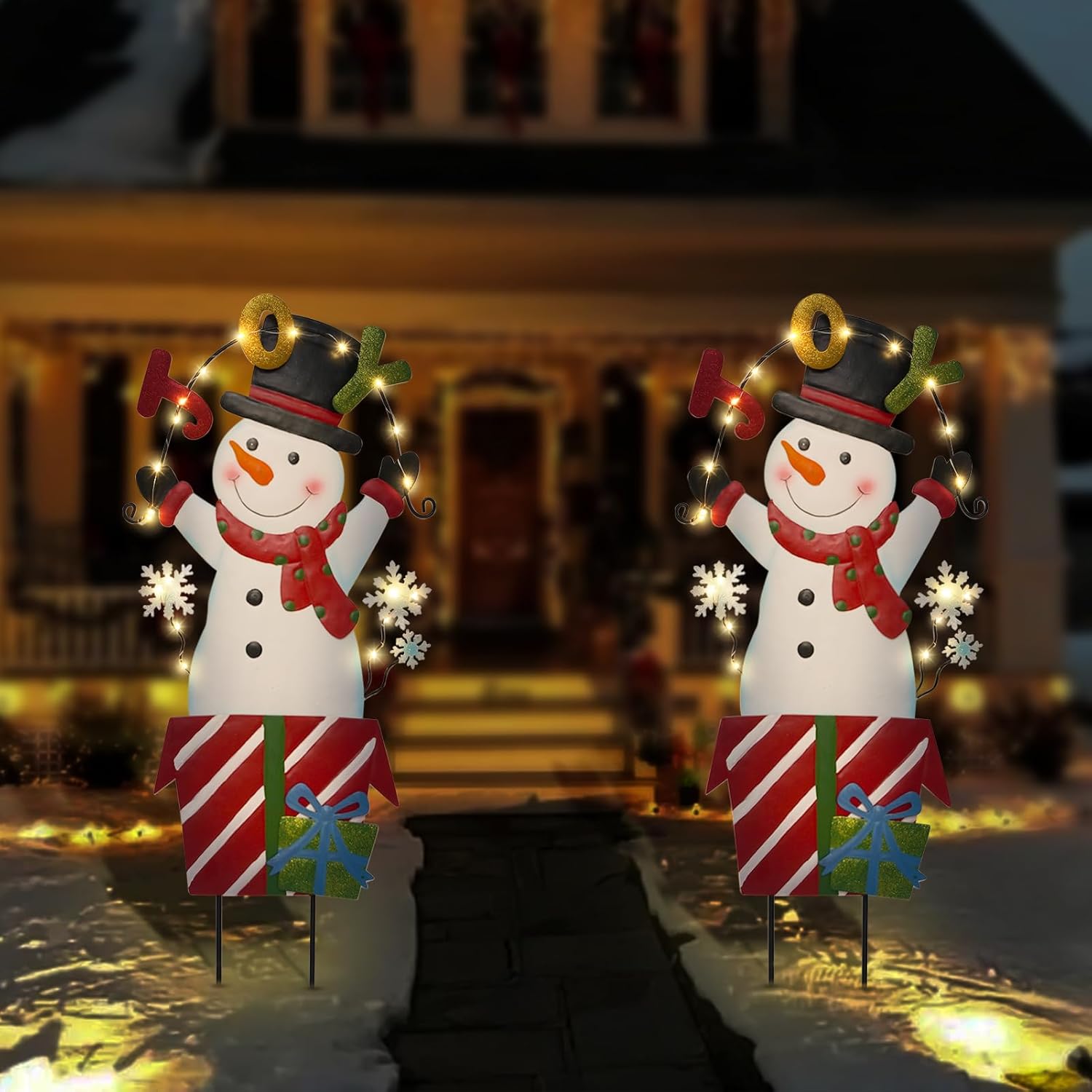 Solar Christmas Lights Outdoor Garden Stakes, 30in Metal Snowman Yard Signs with LED String Lights, Waterproof Christmas Decor for Xmas Lawn Pathway Patio Party Winter (Snowman)