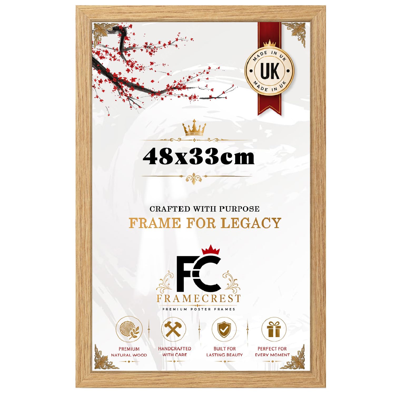FRAMECREST Classic MDF Poster Frame 48x33cm | Premium Wood Finish Frame for Posters, Certificates & Prints | Backboard and Clear Perspex Included | Secure Metal Clip Design - [Oak]