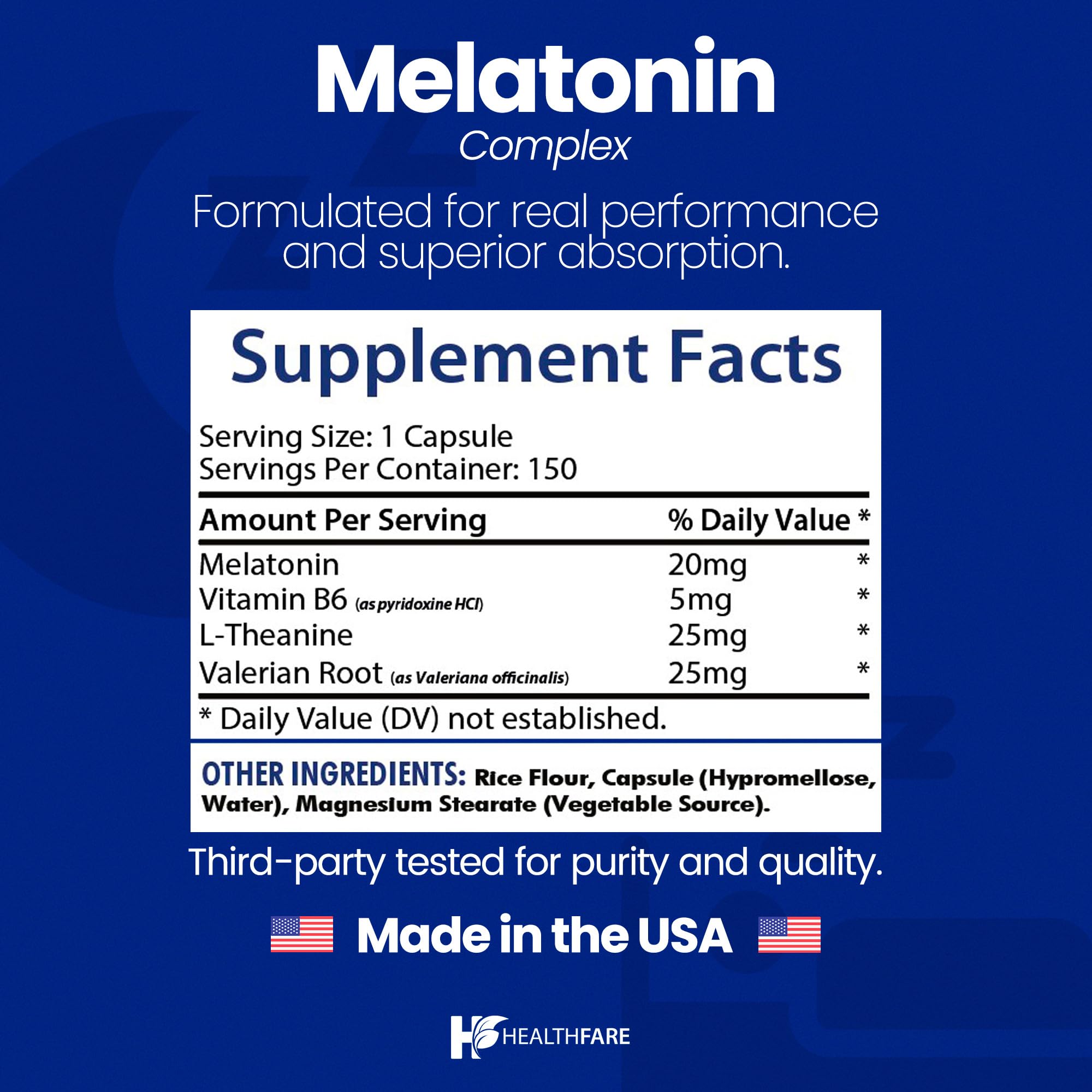 Healthfare Melatonin 20mg | 150 Veg Capsules | Complex with L-Theanine | Valerian Root & Vitamin B6 | Vegetarian Formula | Non-GMO | Gluten-Free | Made in The USA — Amazon image 3