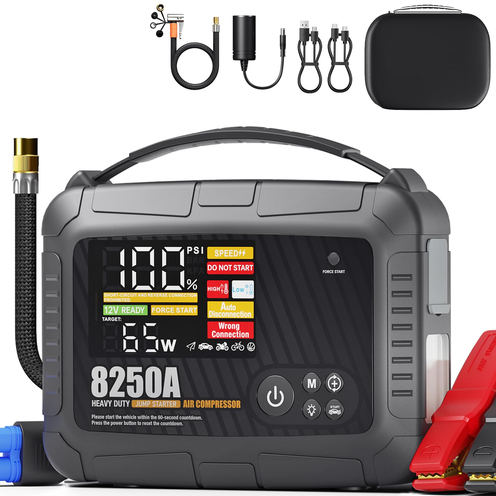 JFEGWO CS02-8250A Jump Starter Heavy Duty with Air Compressor All Gas 12L Diesel 118Wh 150PSI Portable Car Truck