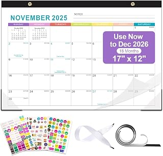 Gannyfer 2026 Desk Calendar, Fridge Calendar Magnet, 18 Monthly Large Yearly Desktop/Wall Calendar 2026, with Plastic Cover Hanging String Corner Protectors, 17" x 12", Desk Calendar 2025-2026 for Office, Home and School (3 Sticker)