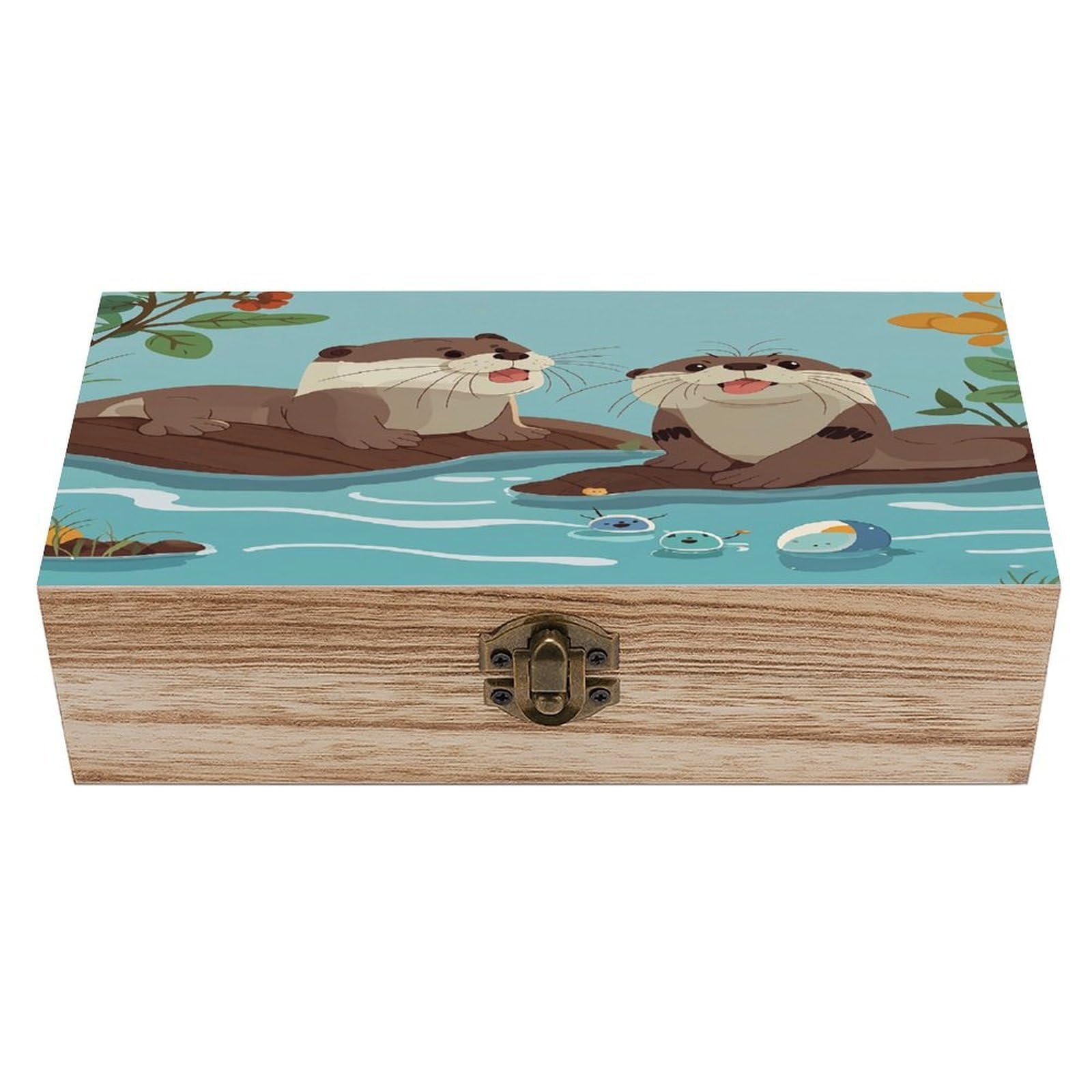 FekiLoot Otters Wooden Jewelry Box Personalized Wood Keepsake Box Large Decorative Wooden Storage Boxes with Hinged Lid Rustic Style Wood Jewelry Organizer for Desk Home Office