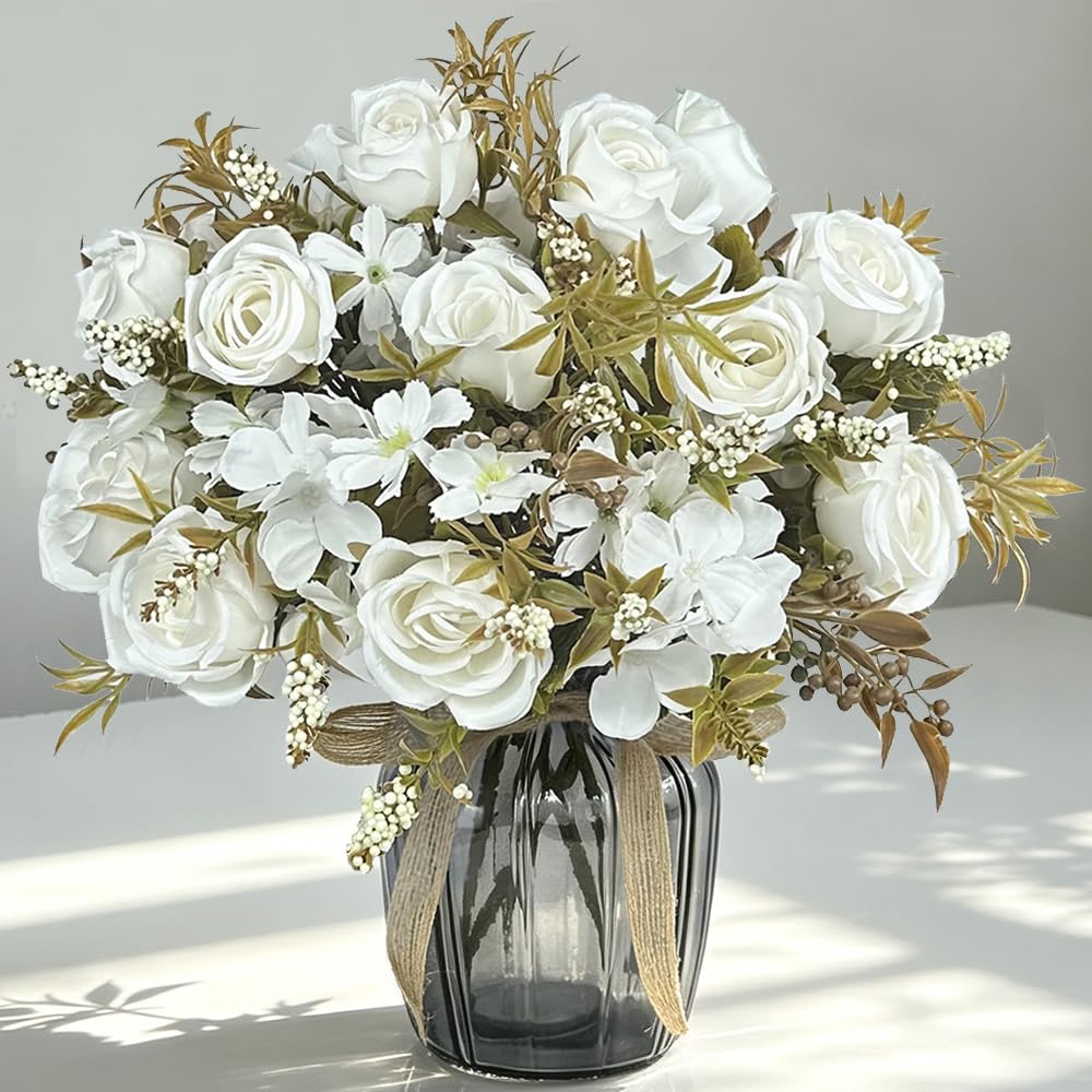 LESING Bouquet di rose finte con vaso di vetro, bianco