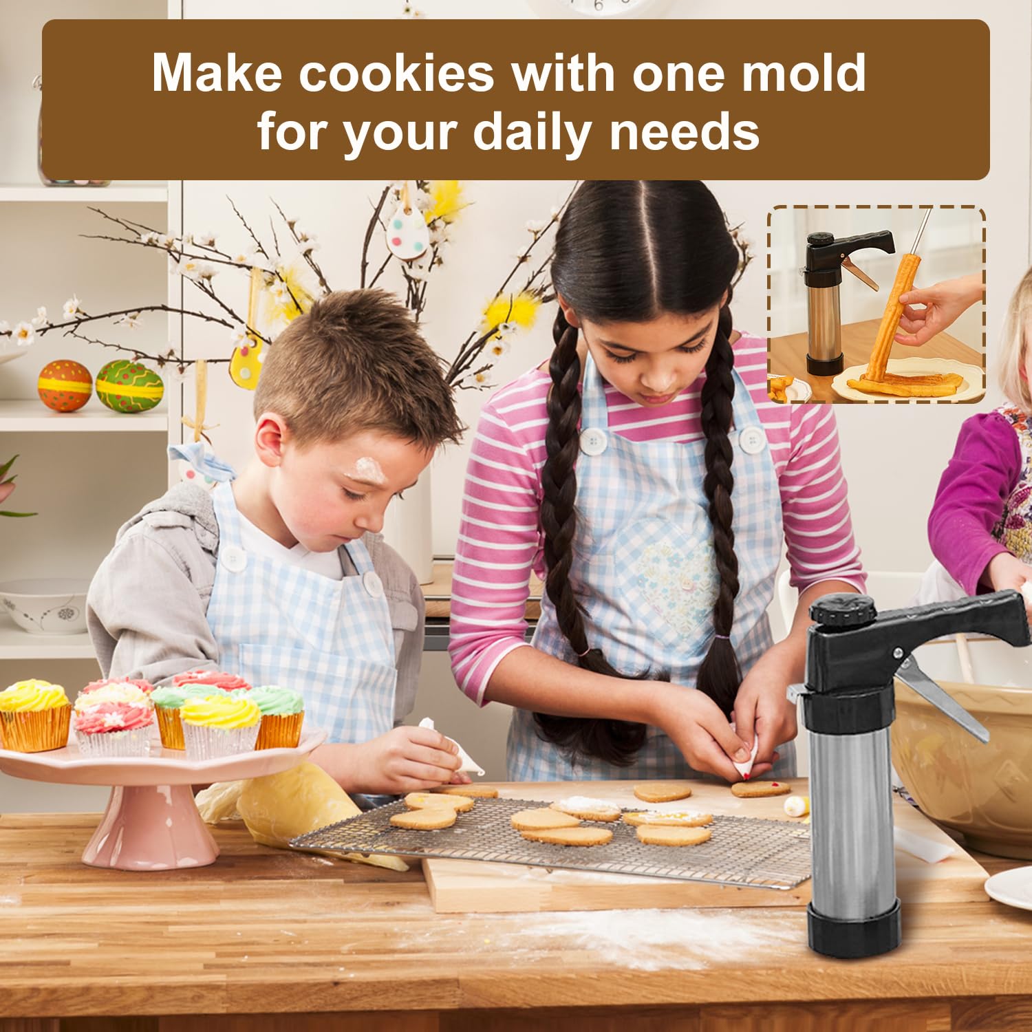Pressa per Biscotti, Sparabiscotti,Pressa per Pasticceria, Macchina per Biscotti Professionale， con 16 Sagome, 8 Beccucci, Pistola per Dolci in Acciaio Inox Spara Biscotti Professionali