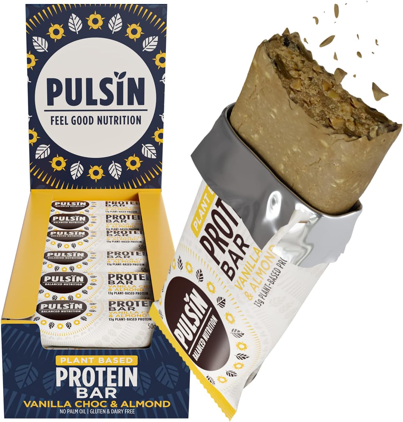 Pulsin - Vanilla Choc Chip Vegan Protein Bars - 18 x 50g - 13.4g Protein, 5g Fibre, 238 Kcal Per Serving - Gluten Free, Plant Based, Palm Oil Free & Dairy Free Snack Bar