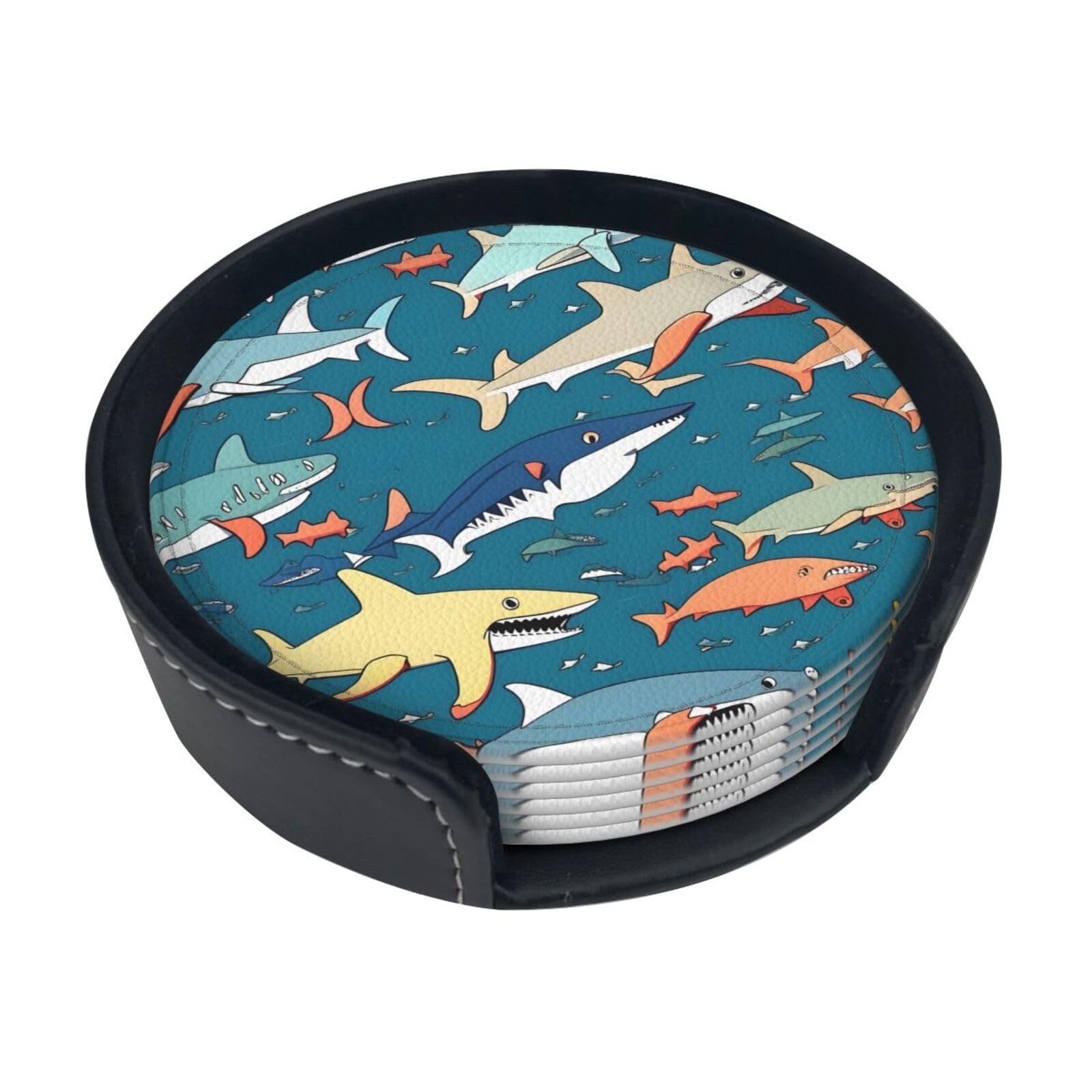 Shark Sailing Print Round Coasters Set Of 6,Coaster For Tabletop Protection Home Bar Decor
